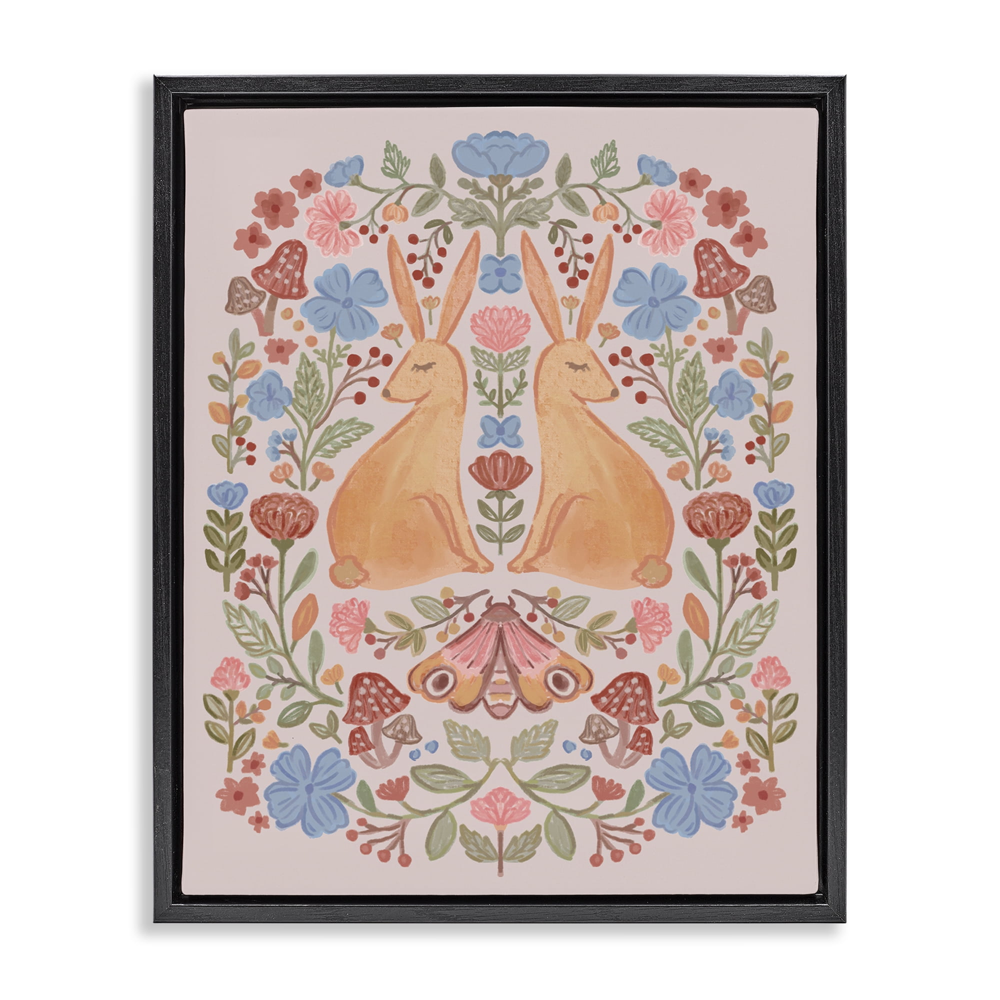 Stupell Industries Autumnal Folk Rabbits Animals Painting Black Floater Framed Canvas Art Print Wall Art, 25 x 31