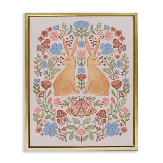 Stupell Industries Autumnal Folk Rabbits Animals Painting Gold Floater Framed Canvas Art Print Wall Art, 25 x 31