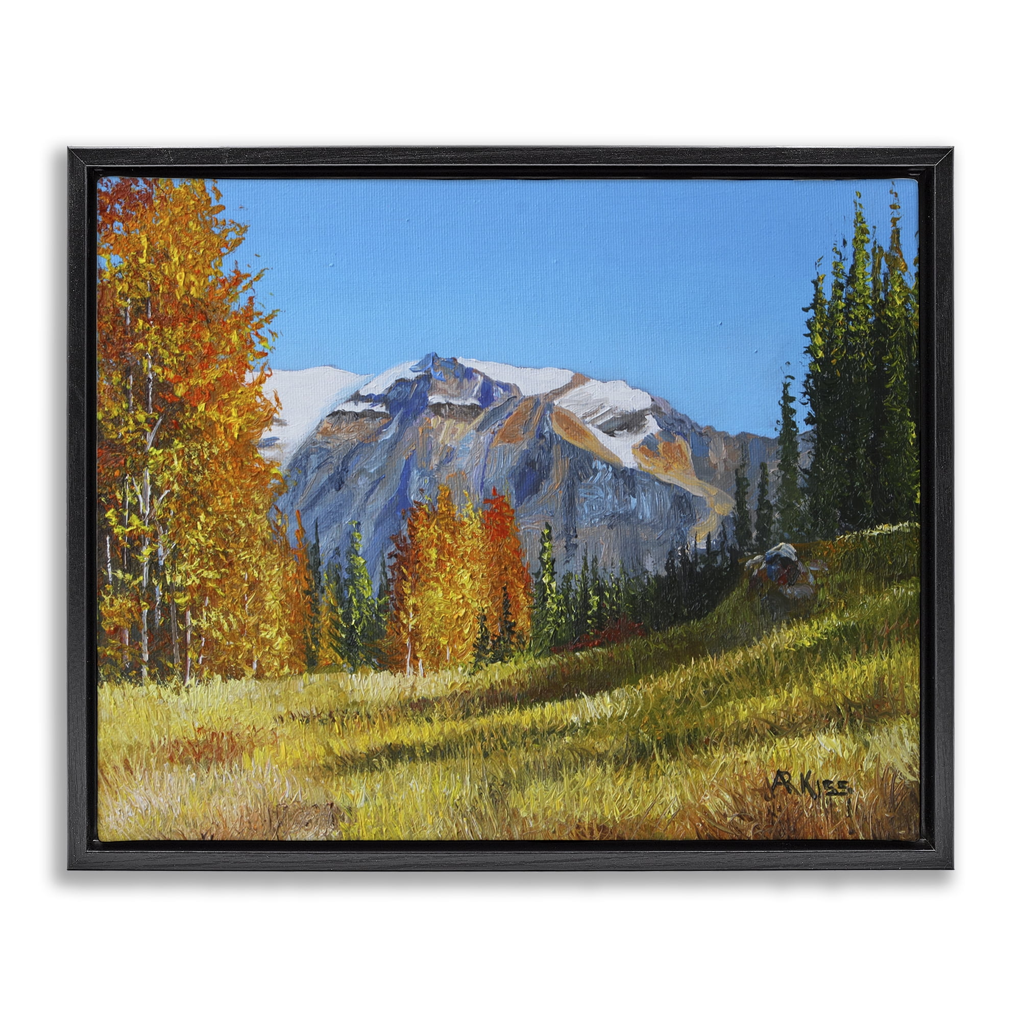 Stupell Industries Autumnal Mountain Valley Landscape & Nature Painting Black Floater Framed Canvas Art Print Wall Art, 21 x 17