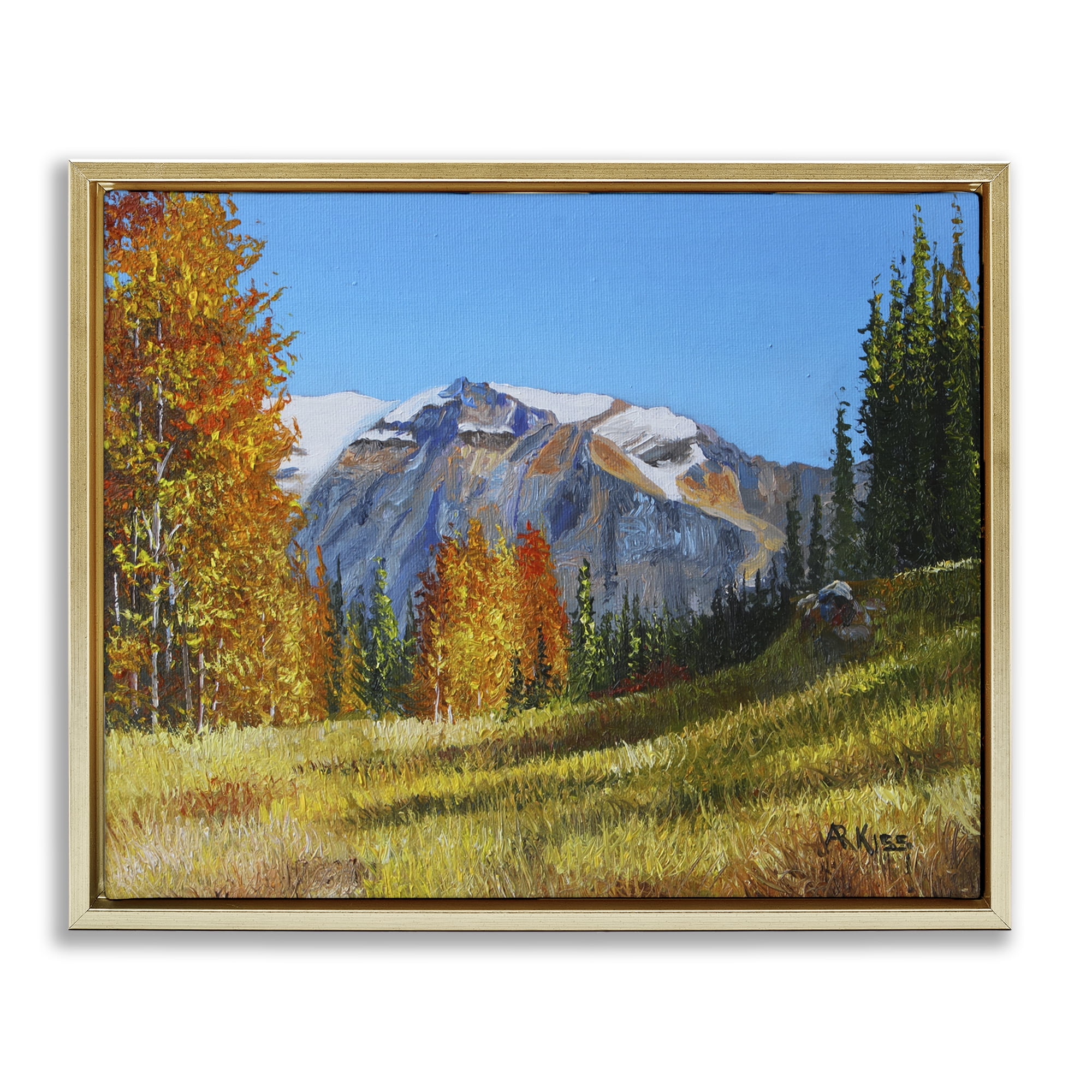 Stupell Industries Autumnal Mountain Valley Landscape & Nature Painting Gold Floater Framed Canvas Art Print Wall Art, 31 x 25