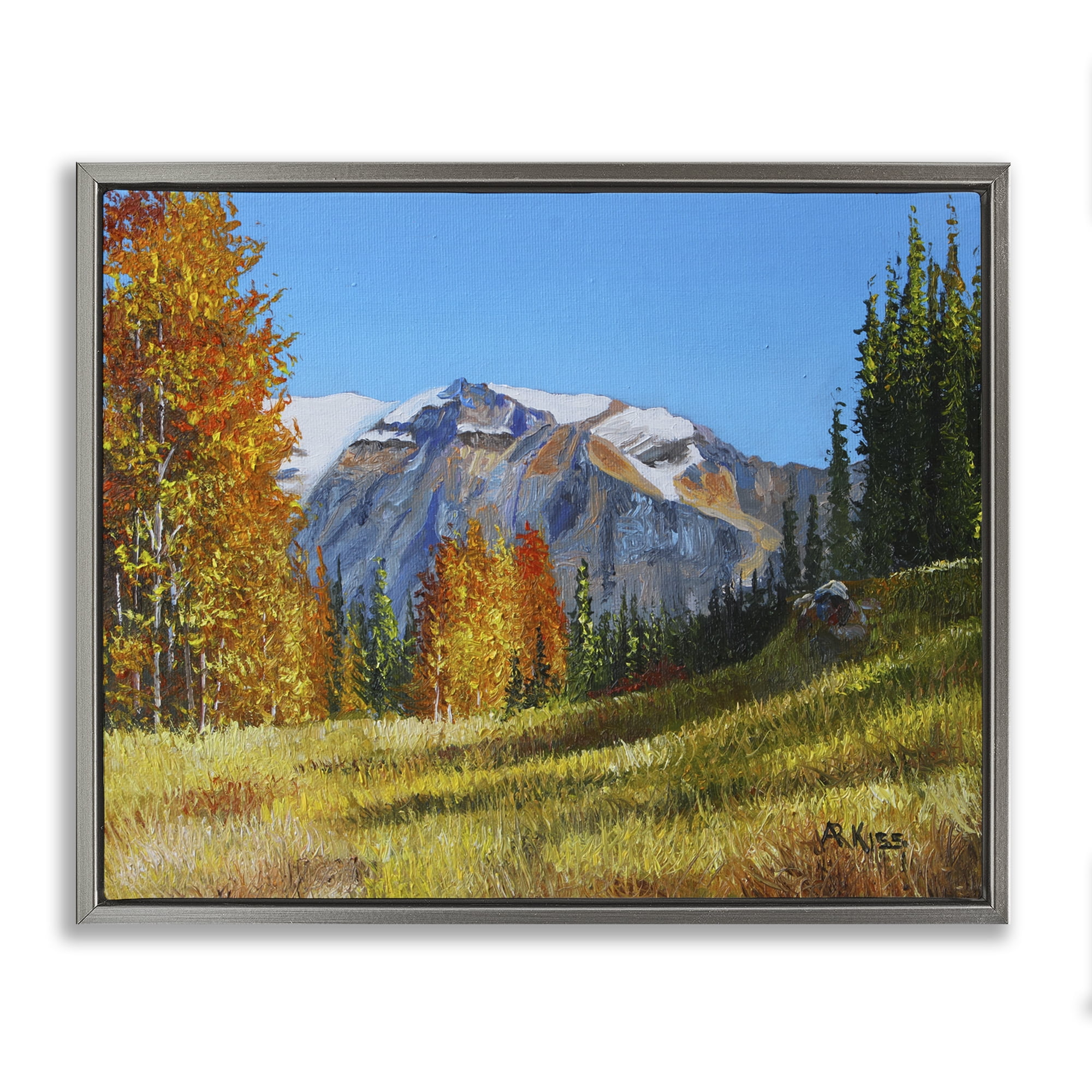 Stupell Industries Autumnal Mountain Valley Landscape & Nature Painting Gray Floater Framed Canvas Art Print Wall Art, 21 x 17