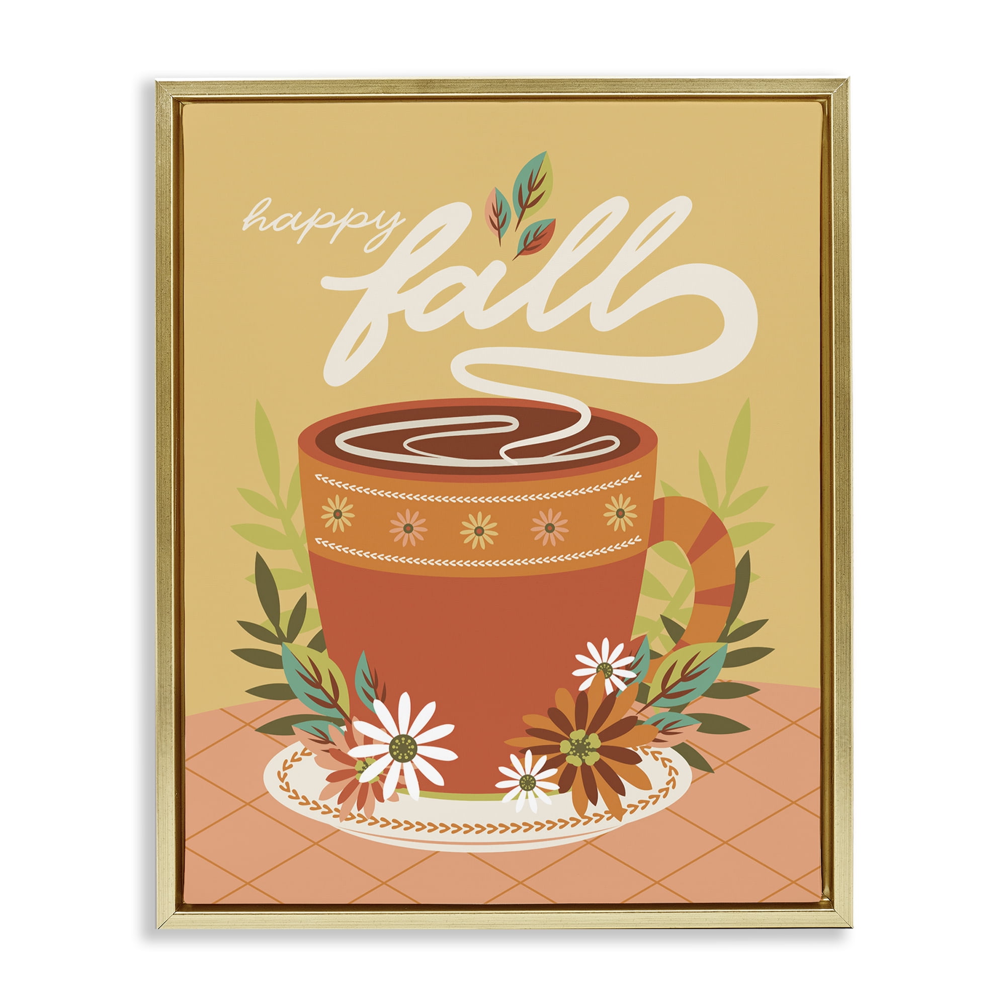 Stupell Industries Autumnal Mug & Flowers Food & Beverage Painting Gold Floater Framed Canvas Art Print Wall Art, 17 x 21