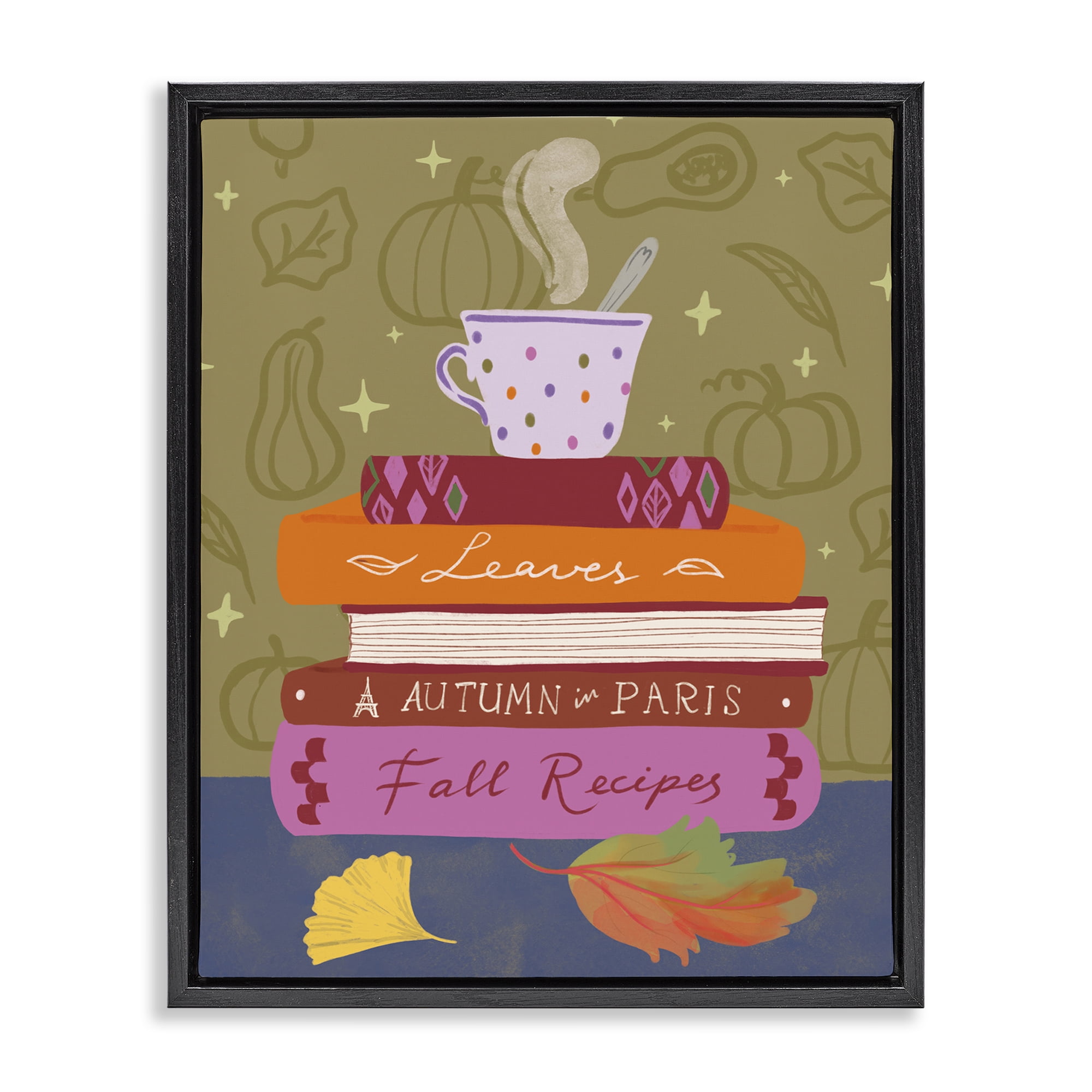 Stupell Industries Autumnal Mug on Bookstack Education Painting Black Floater Framed Canvas Art Print Wall Art, 25 x 31