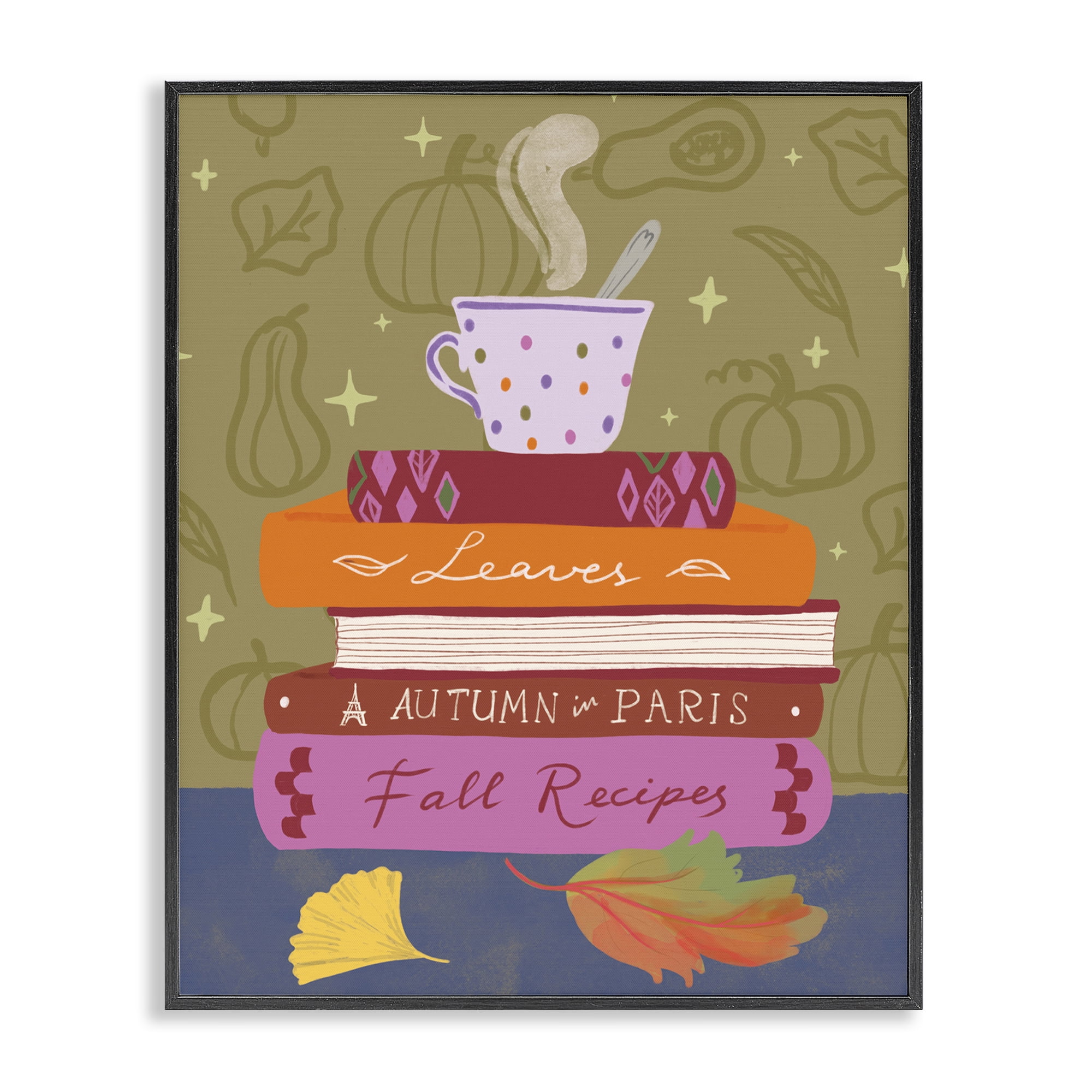 Stupell Industries Autumnal Mug on Bookstack Education Painting Black Framed Art Print Wall Art, 24 x 30