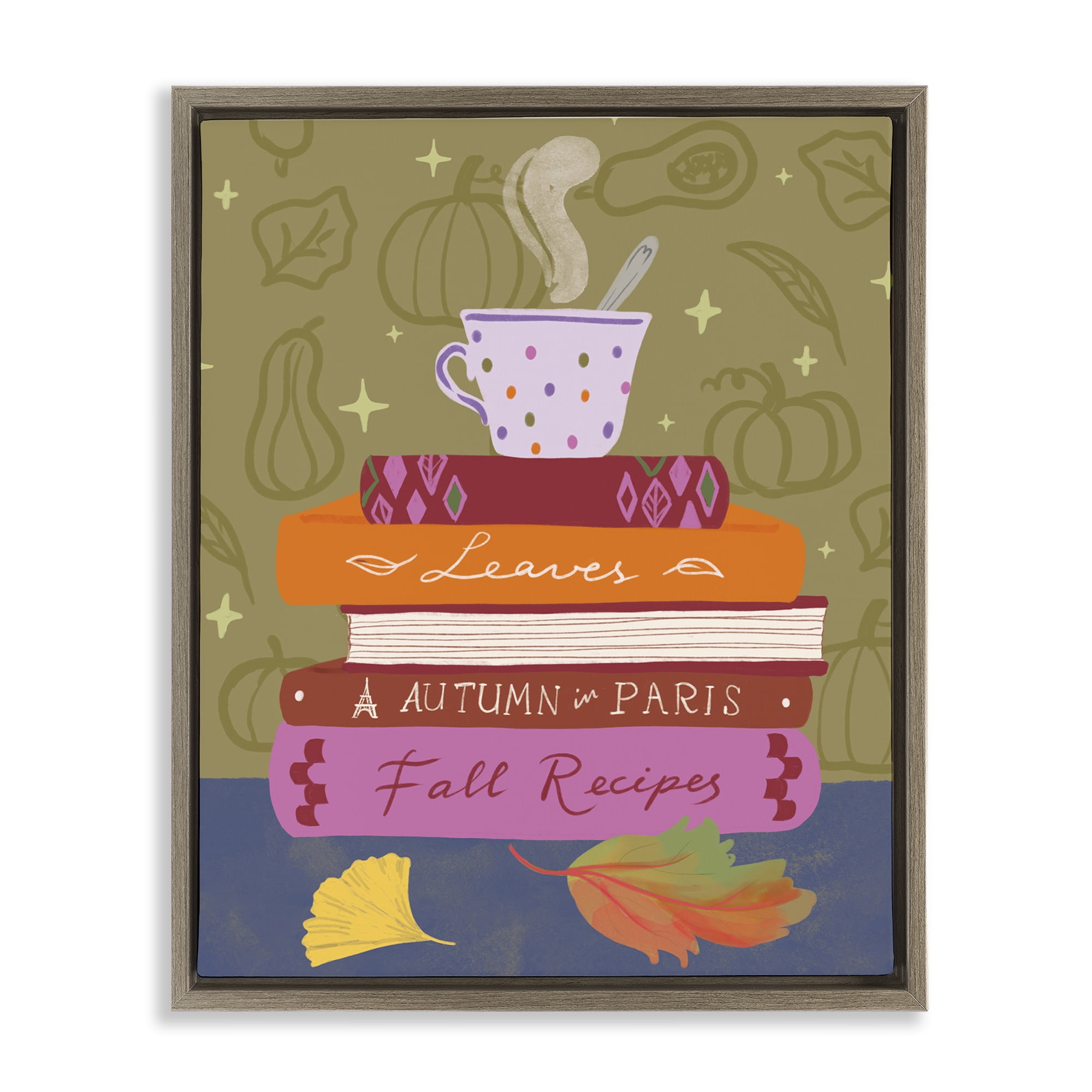 Stupell Industries Autumnal Mug on Bookstack Education Painting Brown Floater Framed Canvas Art Print Wall Art, 25 x 31
