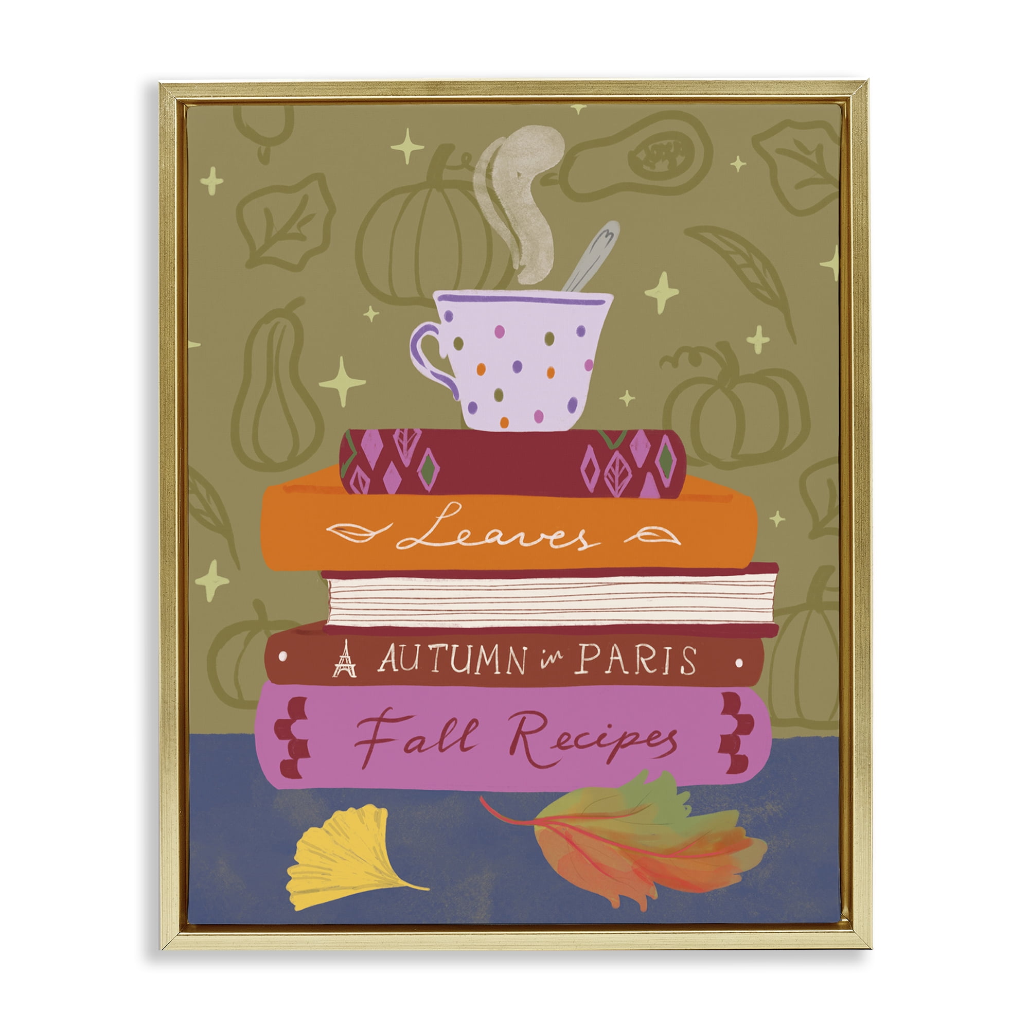 Stupell Industries Autumnal Mug on Bookstack Education Painting Gold Floater Framed Canvas Art Print Wall Art, 25 x 31