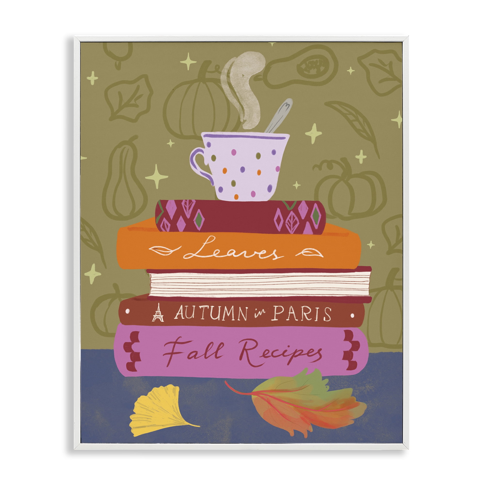 Stupell Industries Autumnal Mug on Bookstack Education Painting White Framed Art Print Wall Art, 11 x 14