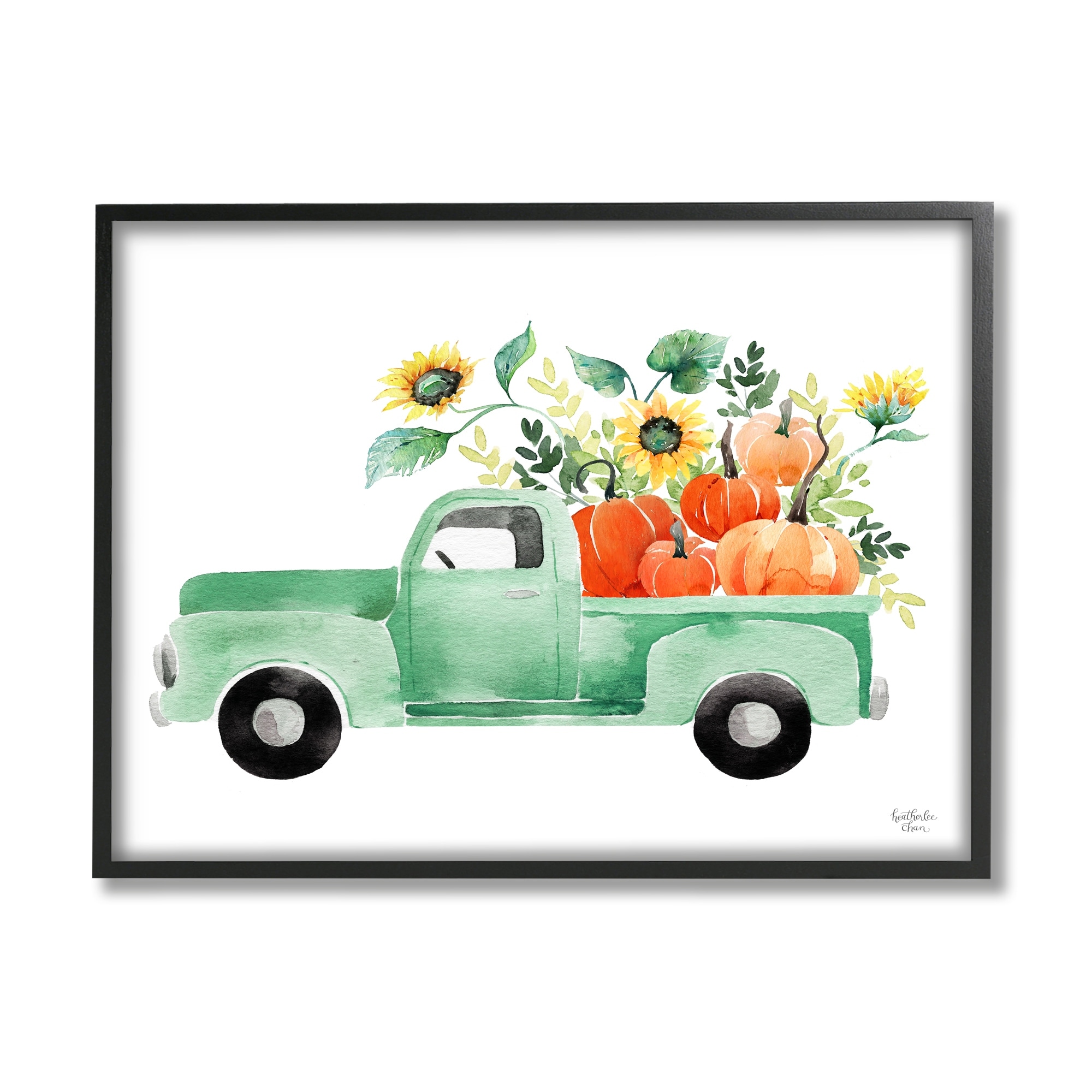 Stupell Industries Autumnal Plants Pumpkins Seasonal Green Pickup Truck Painting Black Framed Art Print Wall Art, Design by Heatherlee Chan