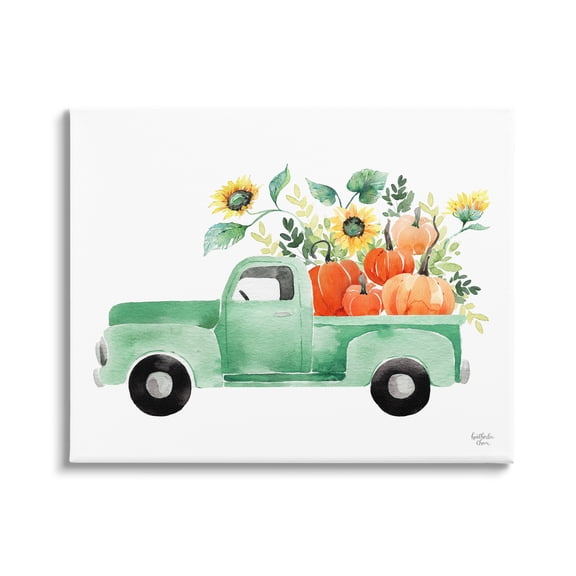 Stupell Industries Autumnal Plants Pumpkins Seasonal Green Pickup Truck Painting Gallery Wrapped Canvas Print Wall Art, Design by Heatherlee Chan