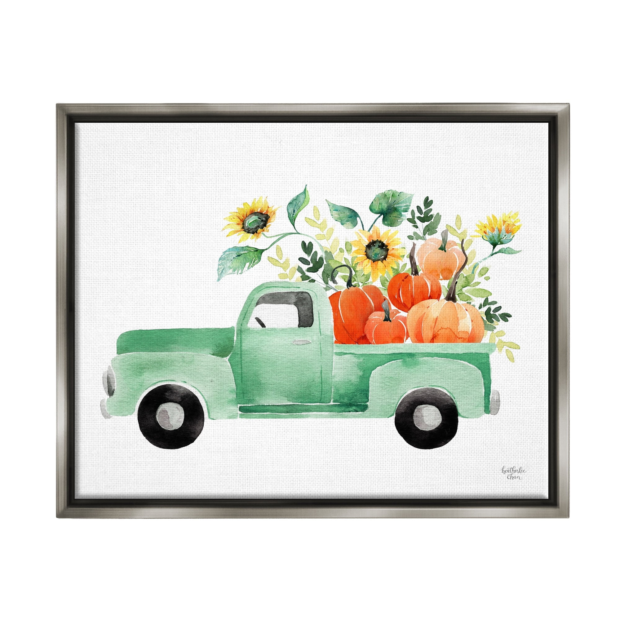 Stupell Industries Autumnal Plants Pumpkins Seasonal Green Pickup Truck Painting Luster Gray Floating Framed Canvas Print Wall Art, Design by Heatherlee Chan