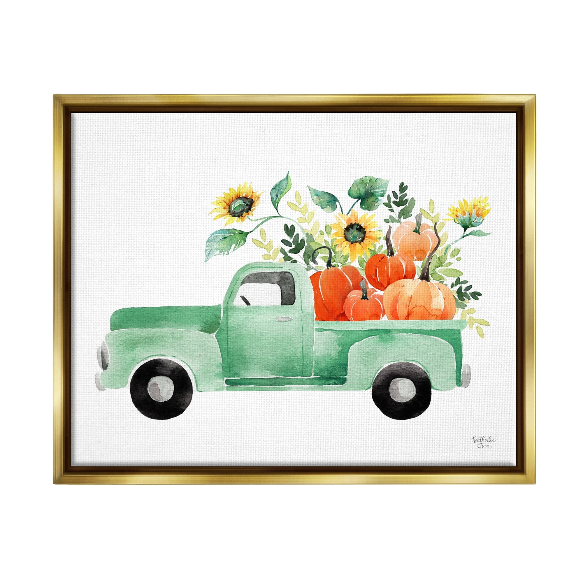 Stupell Industries Autumnal Plants Pumpkins Seasonal Green Pickup Truck Painting Metallic Gold Floating Framed Canvas Print Wall Art, Design by Heatherlee Chan