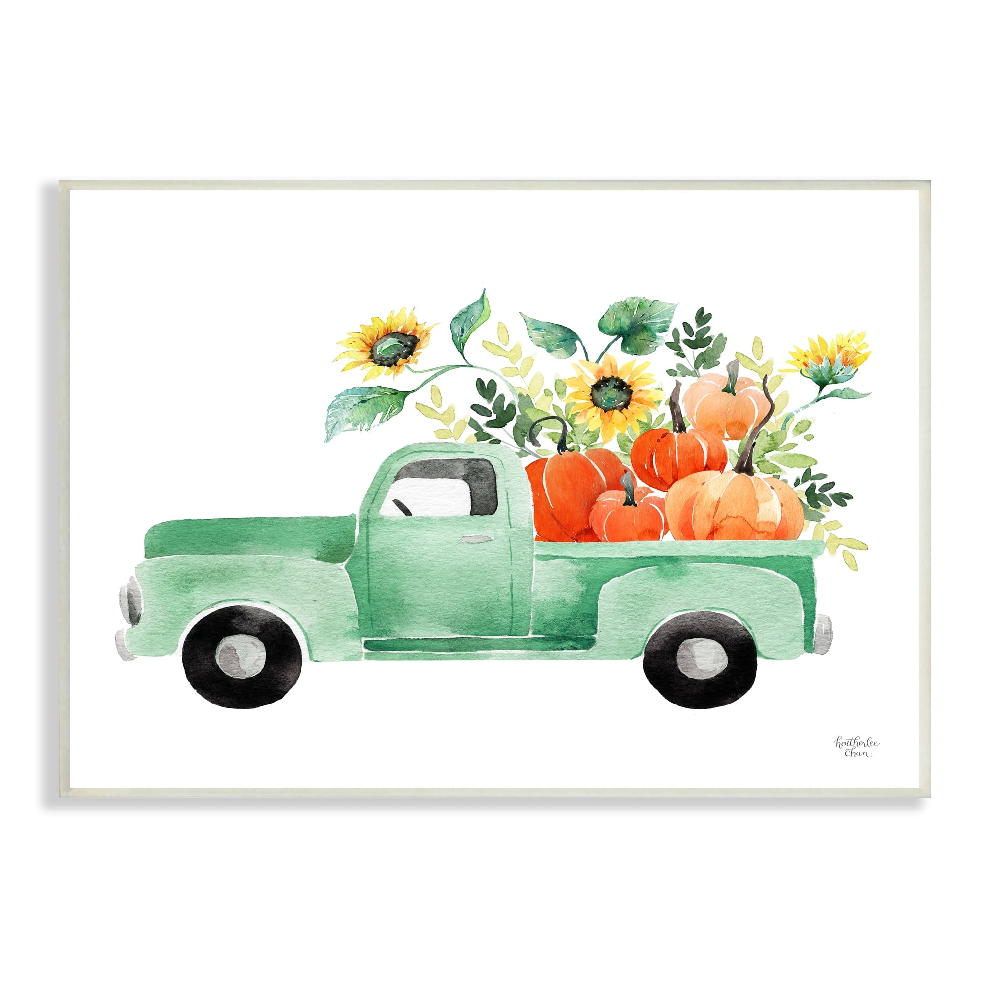 Autumnal Green Pickup Truck with Pumpkins Art Print