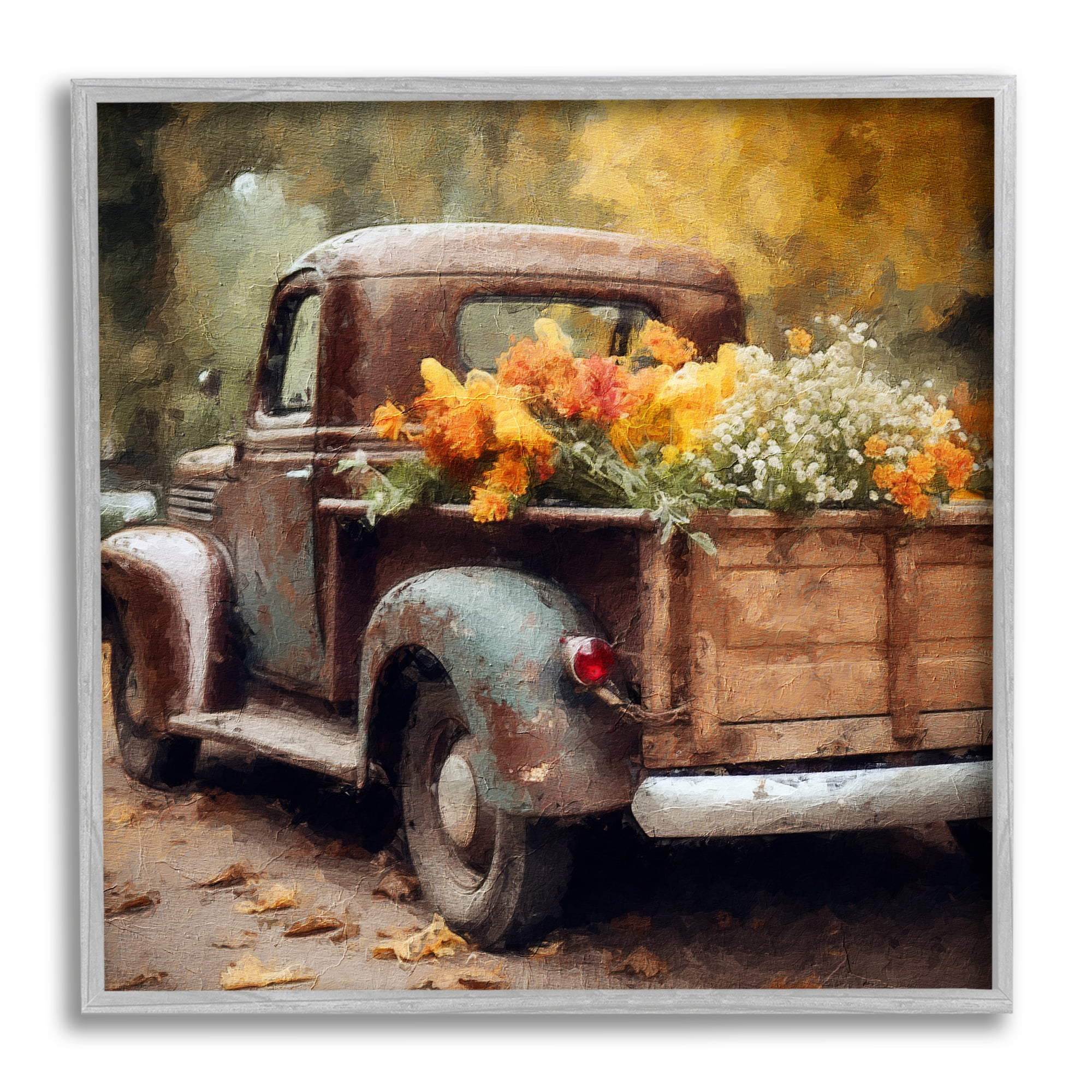 Stupell Industries Autumnal Plants in Truck Holiday Painting Gray Framed Art Print Wall Art, 24 x 24
