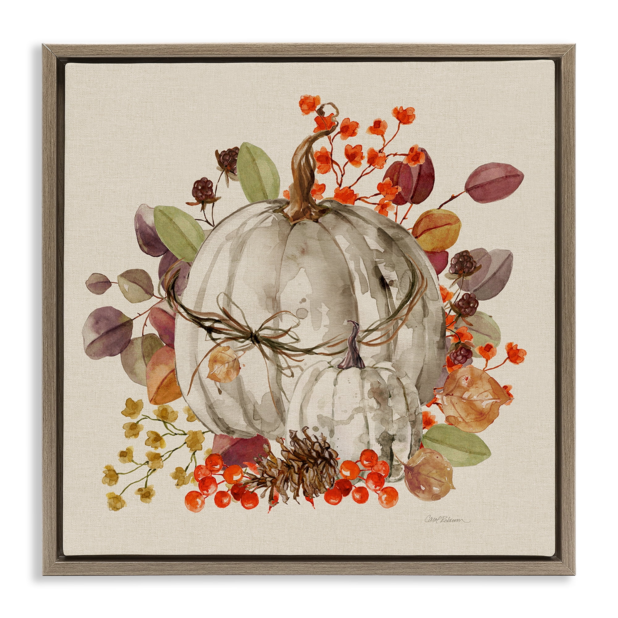 Stupell Industries Autumnal Pumpkin Herbs Botanical & Floral Painting Brown Floater Framed Canvas Art Prints Wall Art, 18 x 18