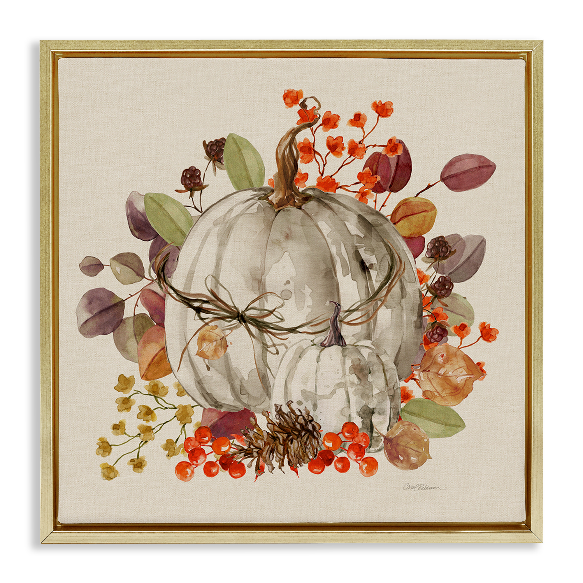 Stupell Industries Autumnal Pumpkin Herbs Botanical & Floral Painting Gold Floater Framed Canvas Art Prints Wall Art, 18 x 18