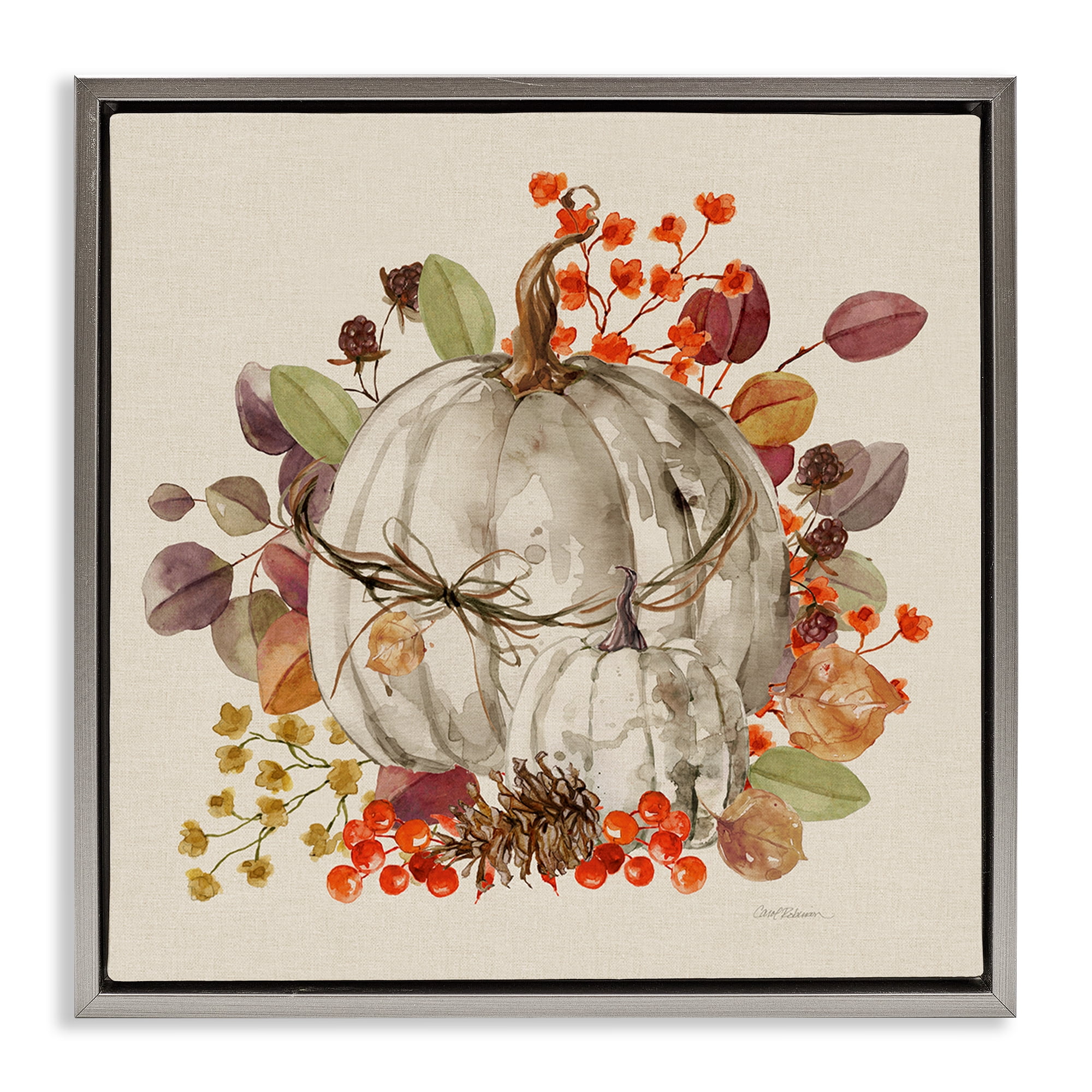 Stupell Industries Autumnal Pumpkin Herbs Botanical & Floral Painting Gray Floater Framed Canvas Art Prints Wall Art, 25 x 25