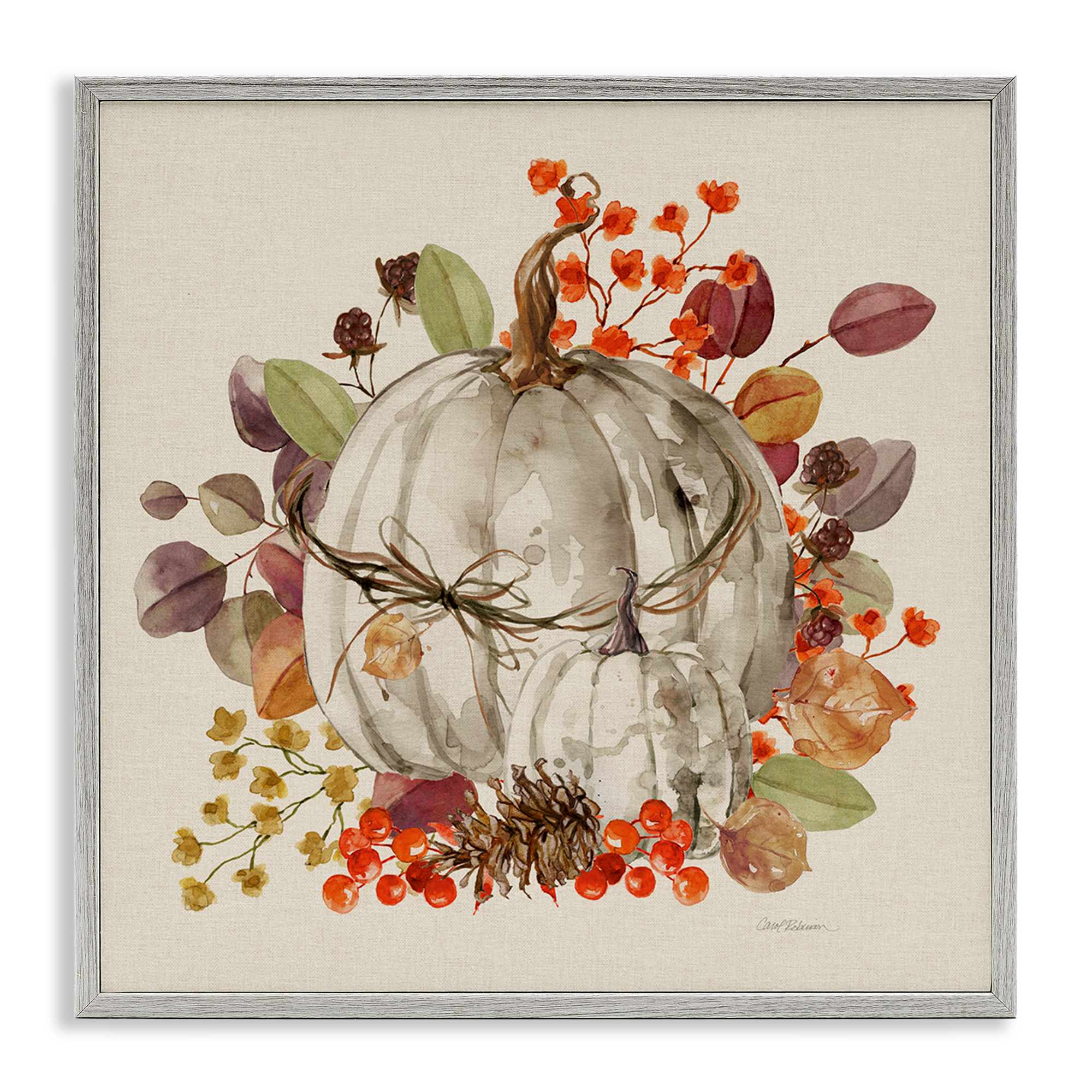 Stupell Industries Autumnal Pumpkin Herbs Botanical & Floral Painting Gray Framed Art Prints Wall Art, 17 x 17