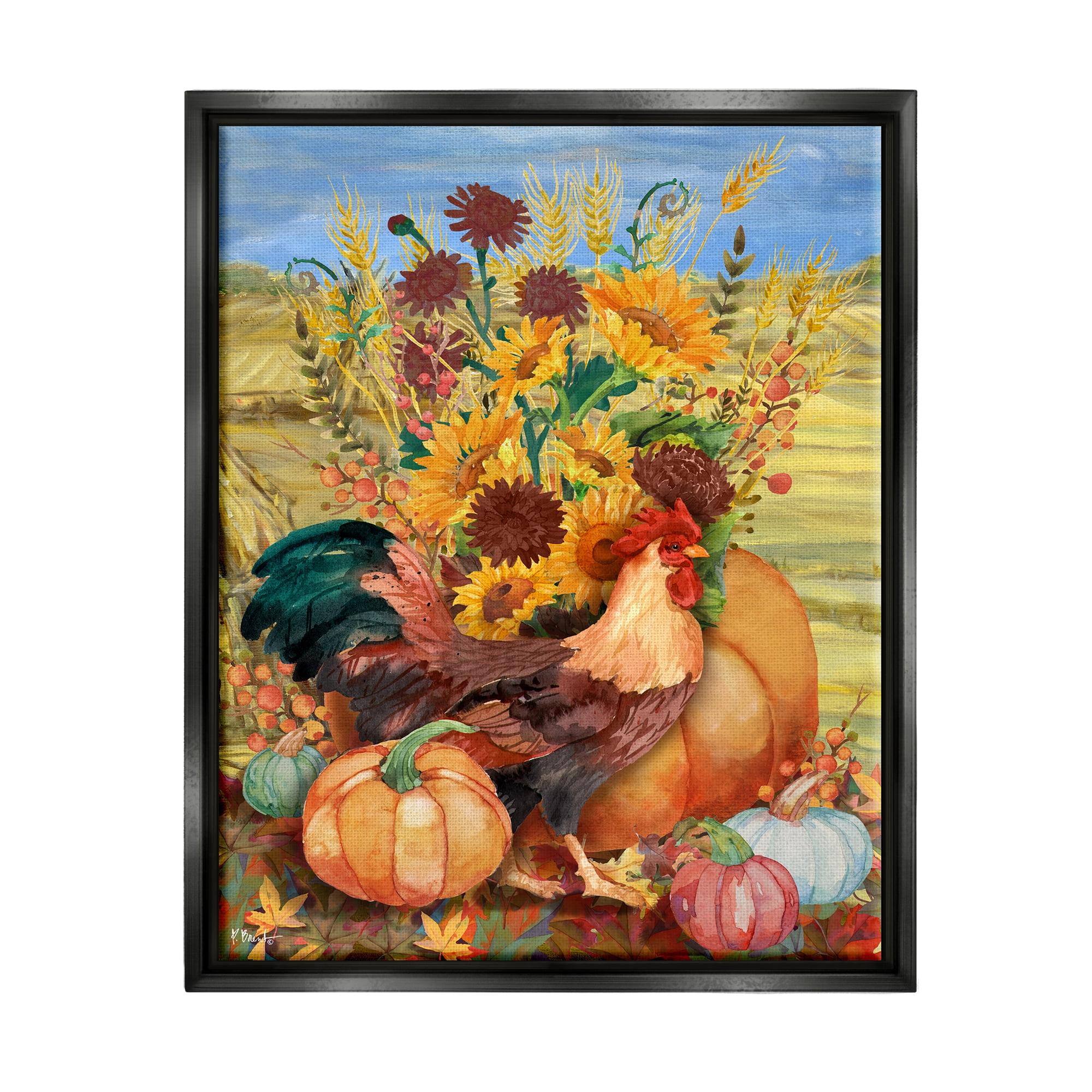 Stupell Industries Autumnal Rooster & Sunflowers Animals & Insects Painting Black Floater Framed Canvas Art Print Wall Art, 17 x 21