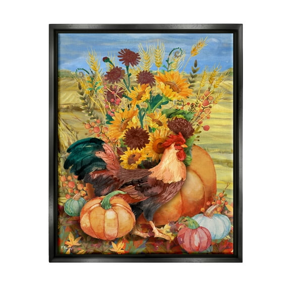 Stupell Industries Autumnal Rooster & Sunflowers Animals & Insects Painting Black Floater Framed Canvas Art Print Wall Art, 17 x 21