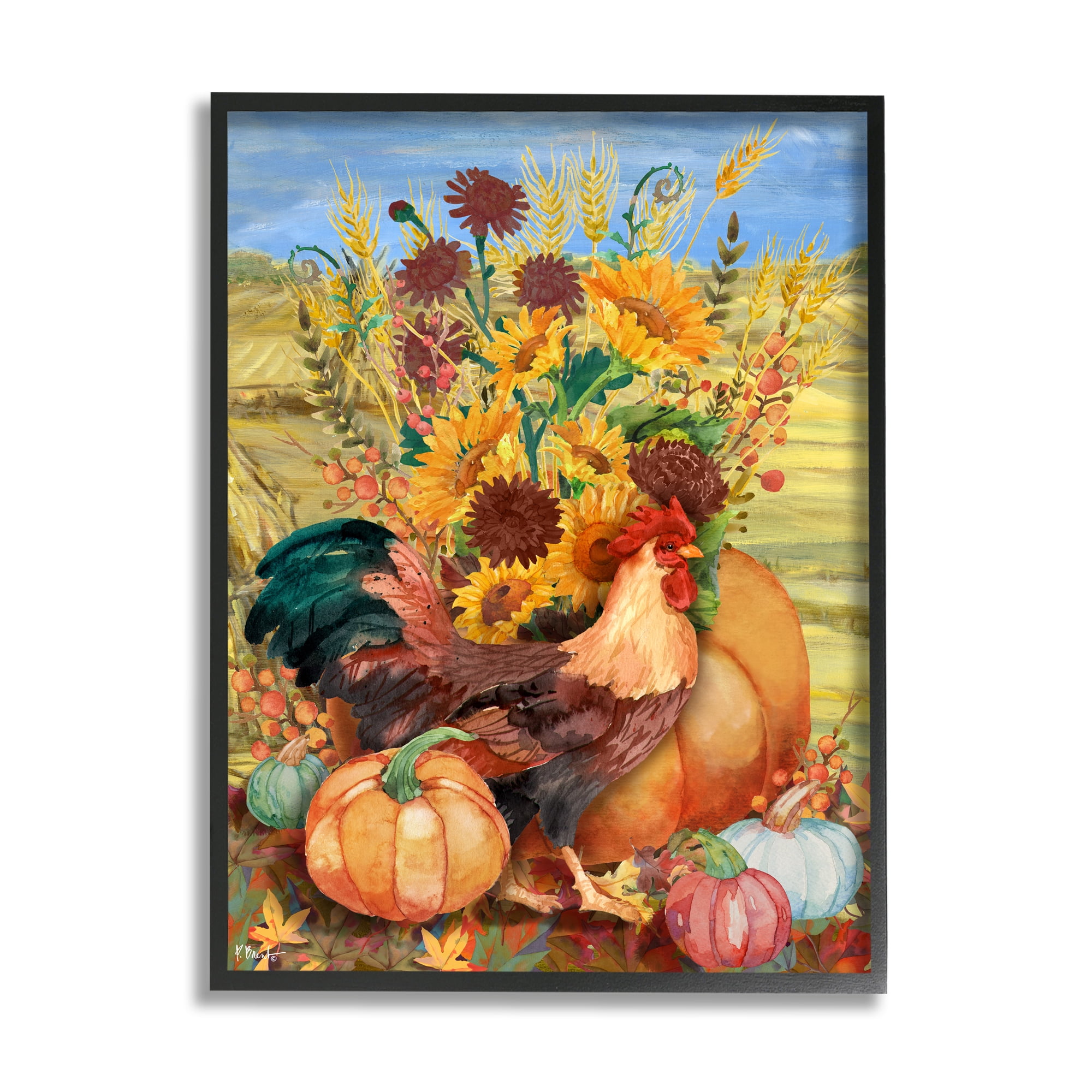 Stupell Industries Autumnal Rooster & Sunflowers Animals & Insects Painting Black Framed Art Print Wall Art, 24 x 30