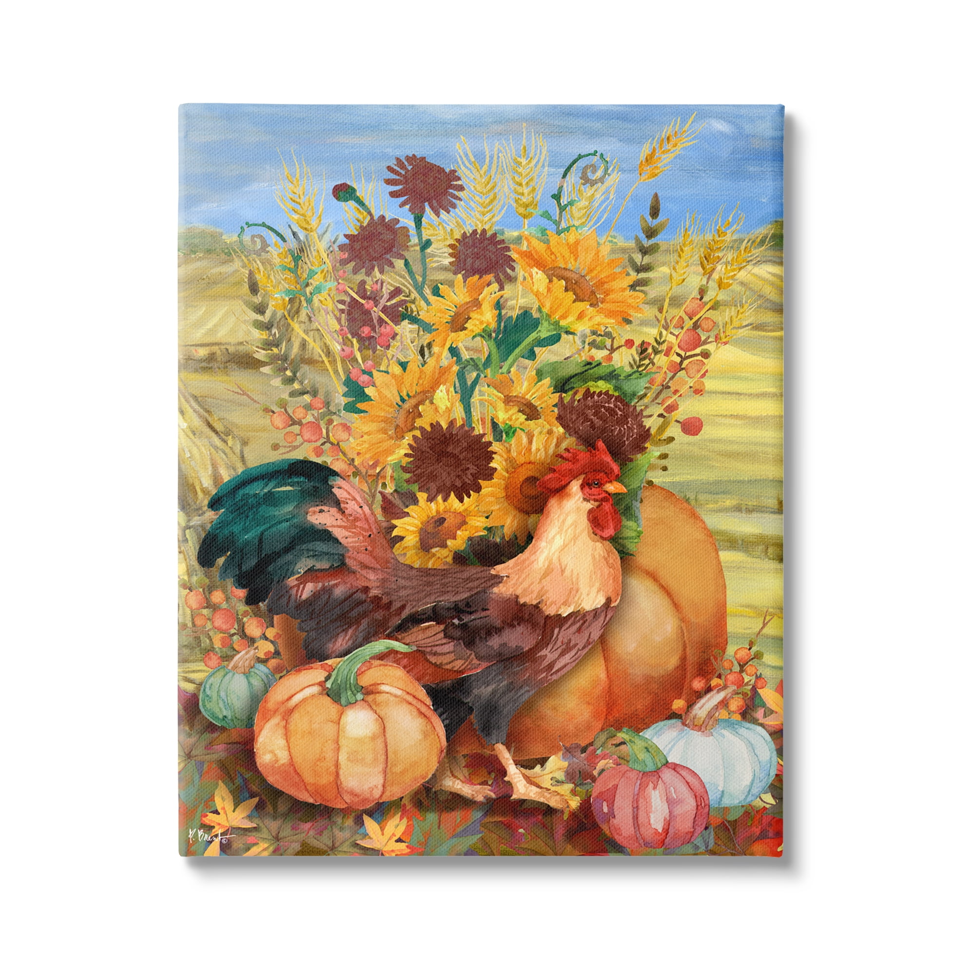 Stupell Industries Autumnal Rooster & Sunflowers Animals & Insects Painting Gallery Wrapped Canvas Art Print Wall Art, 36 x 48