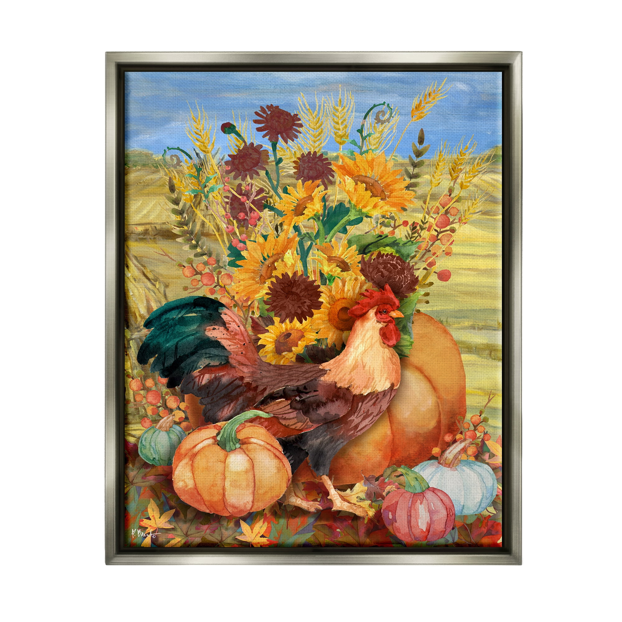 Stupell Industries Autumnal Rooster & Sunflowers Animals & Insects Painting Gray Floater Framed Canvas Art Print Wall Art, 25 x 31