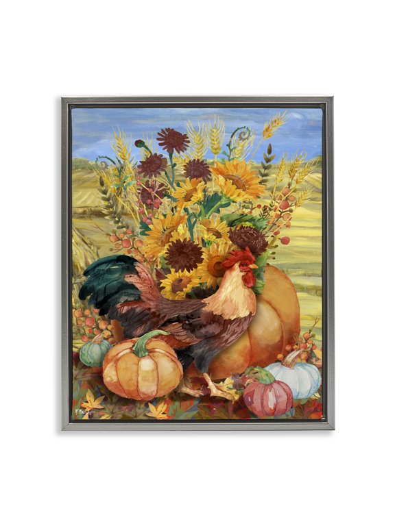Industries Farmhouse Autumnal Rooster & Sunflowers Gray Floating Frame Canvas Art, 25 x 31, by Paul Brent