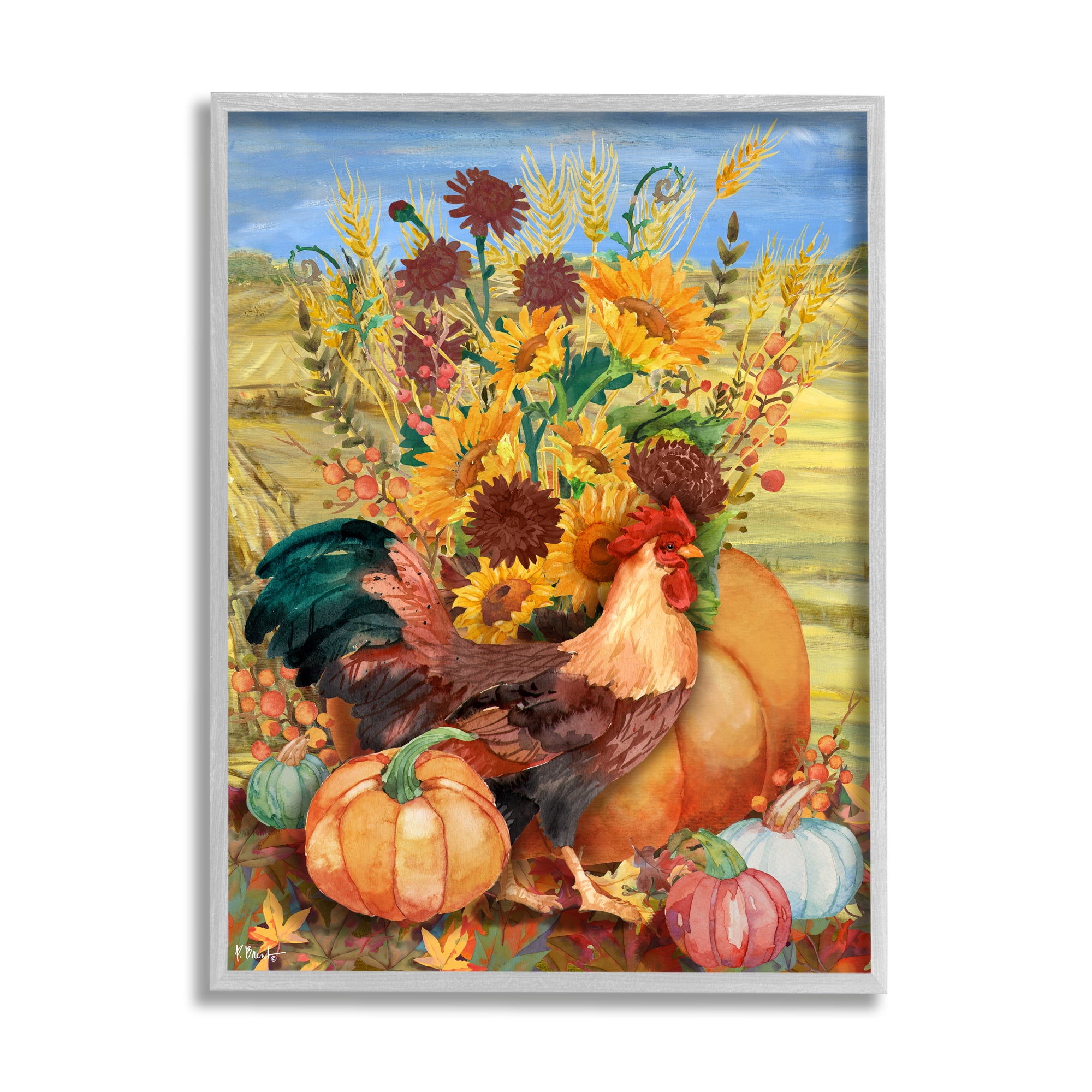 Stupell Industries Autumnal Rooster & Sunflowers Animals & Insects Painting Gray Framed Art Print Wall Art, 11 x 14