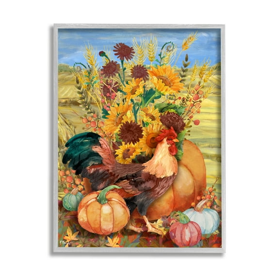 Stupell Industries Autumnal Rooster & Sunflowers Animals & Insects Painting Gray Framed Art Print Wall Art, 16 x 20