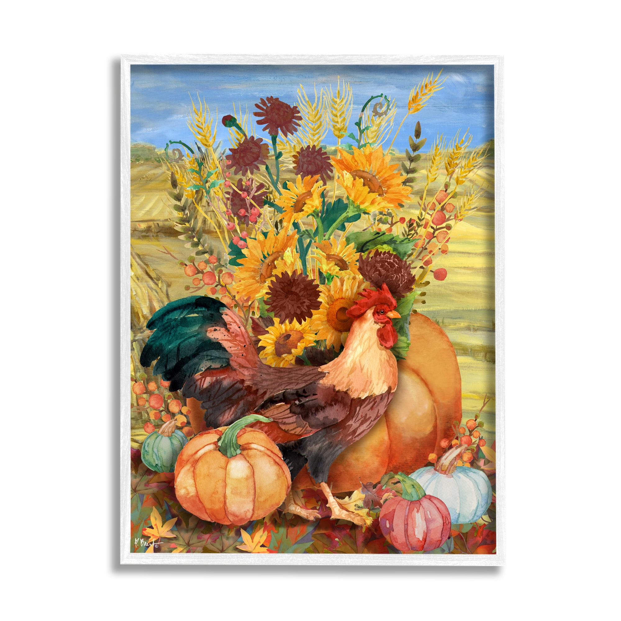 Stupell Industries Autumnal Rooster & Sunflowers Animals & Insects Painting White Framed Art Print Wall Art, 24 x 30