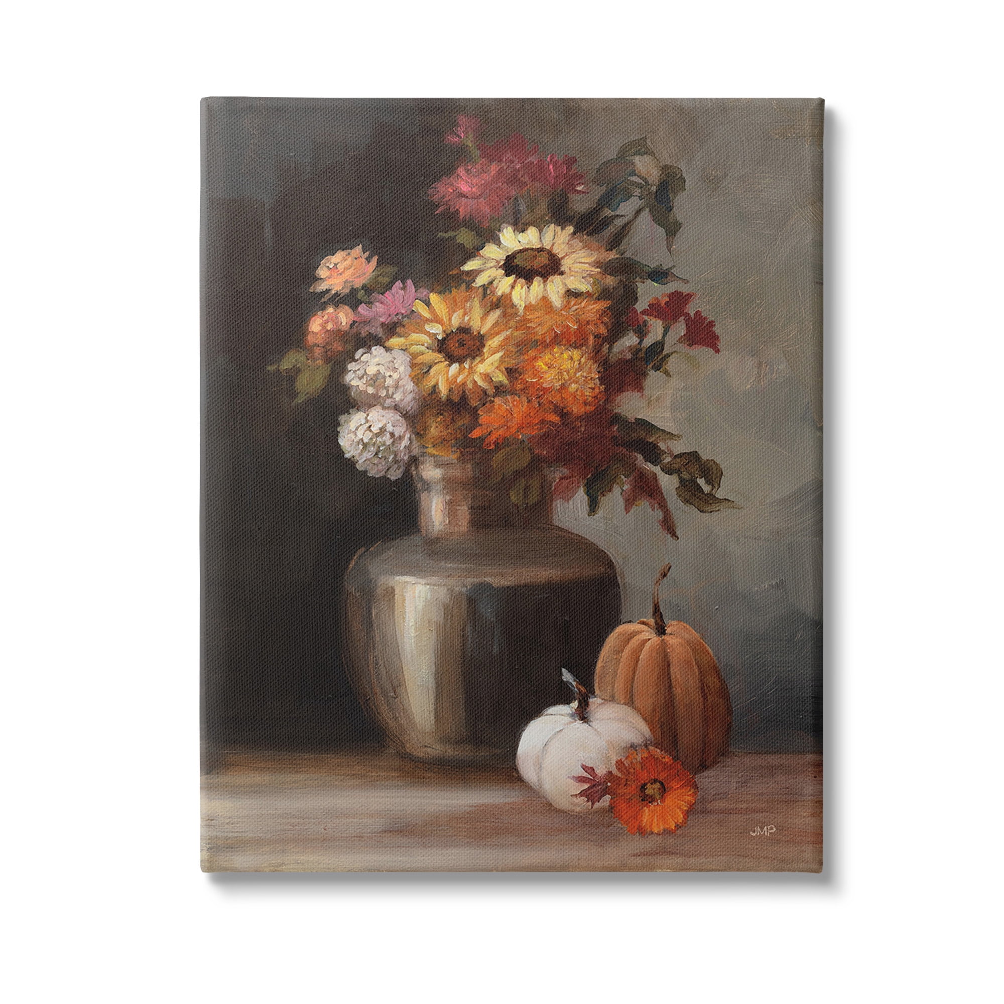 Autumnal Still Life Botanical Floral Canvas Art in Brown Frame