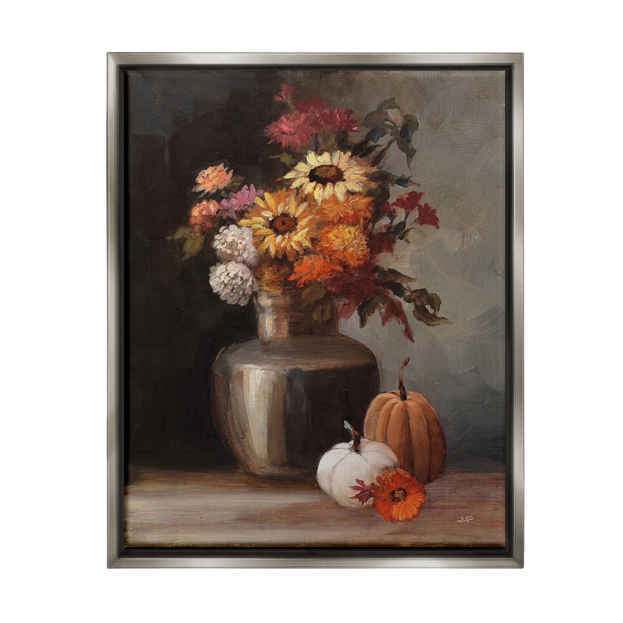 Stupell Industries Autumnal Still Life Botanical & Floral Painting Gray Floater Framed Canvas Art Print Wall Art, 17 x 21