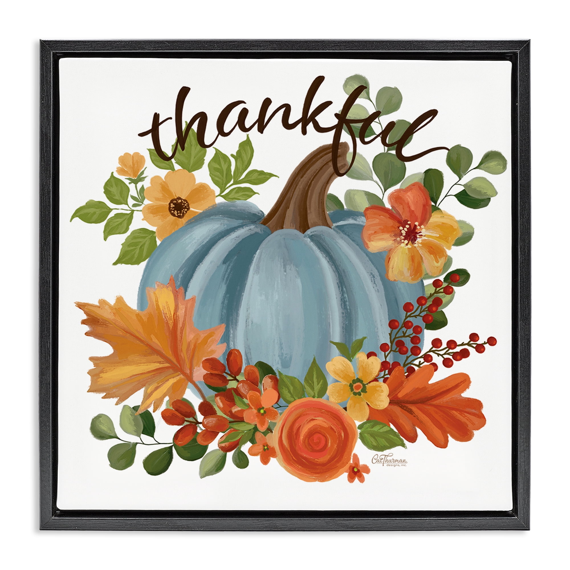 Stupell Industries Autumnal Thankful Pumpkin Holiday Painting Black Floater Framed Art Print Wall Art, 18 x 18