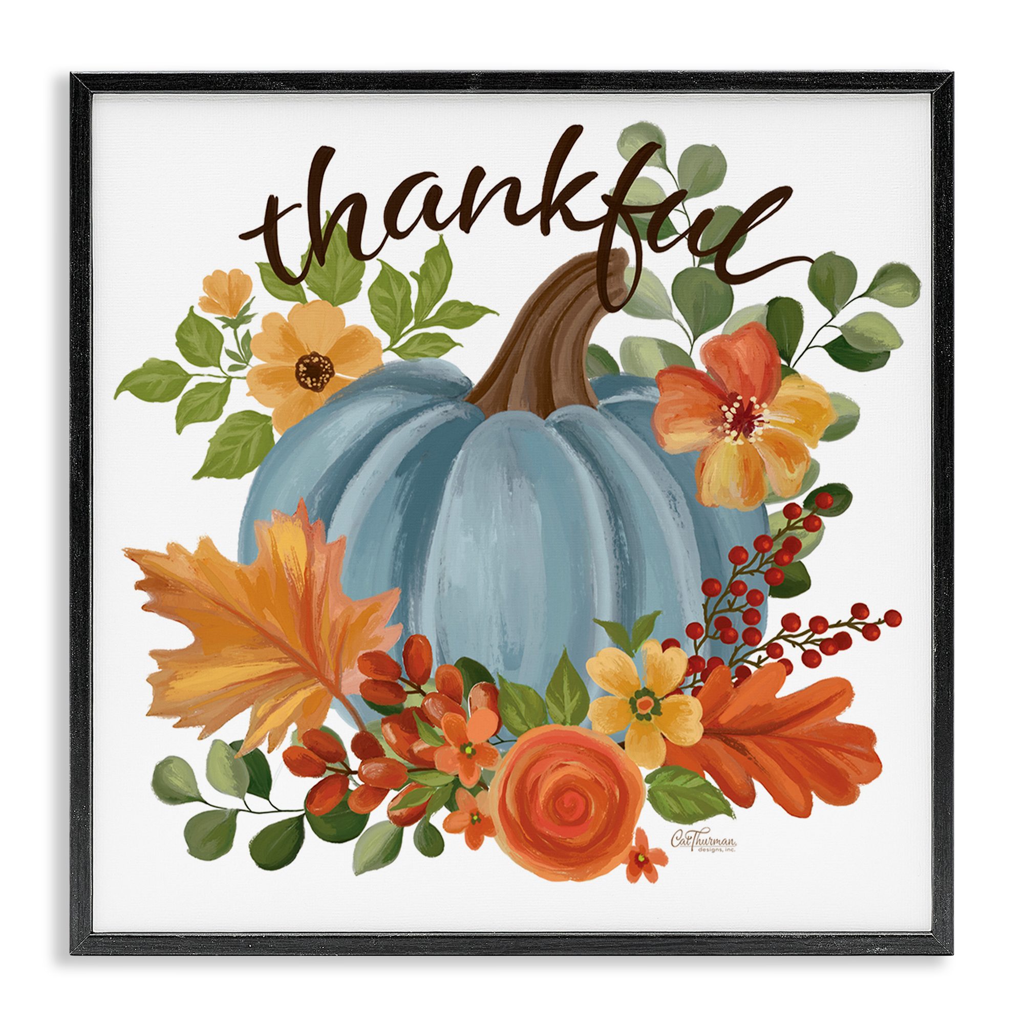 Stupell Industries Autumnal Thankful Pumpkin Holiday Painting Black Framed Art Print Wall Art, 24 x 24