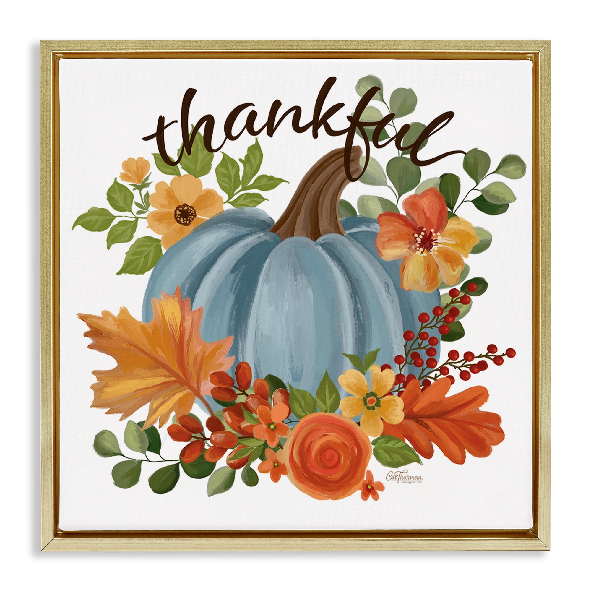 Stupell Industries Autumnal Thankful Pumpkin Holiday Painting Gold Floater Framed Art Print Wall Art, 18 x 18