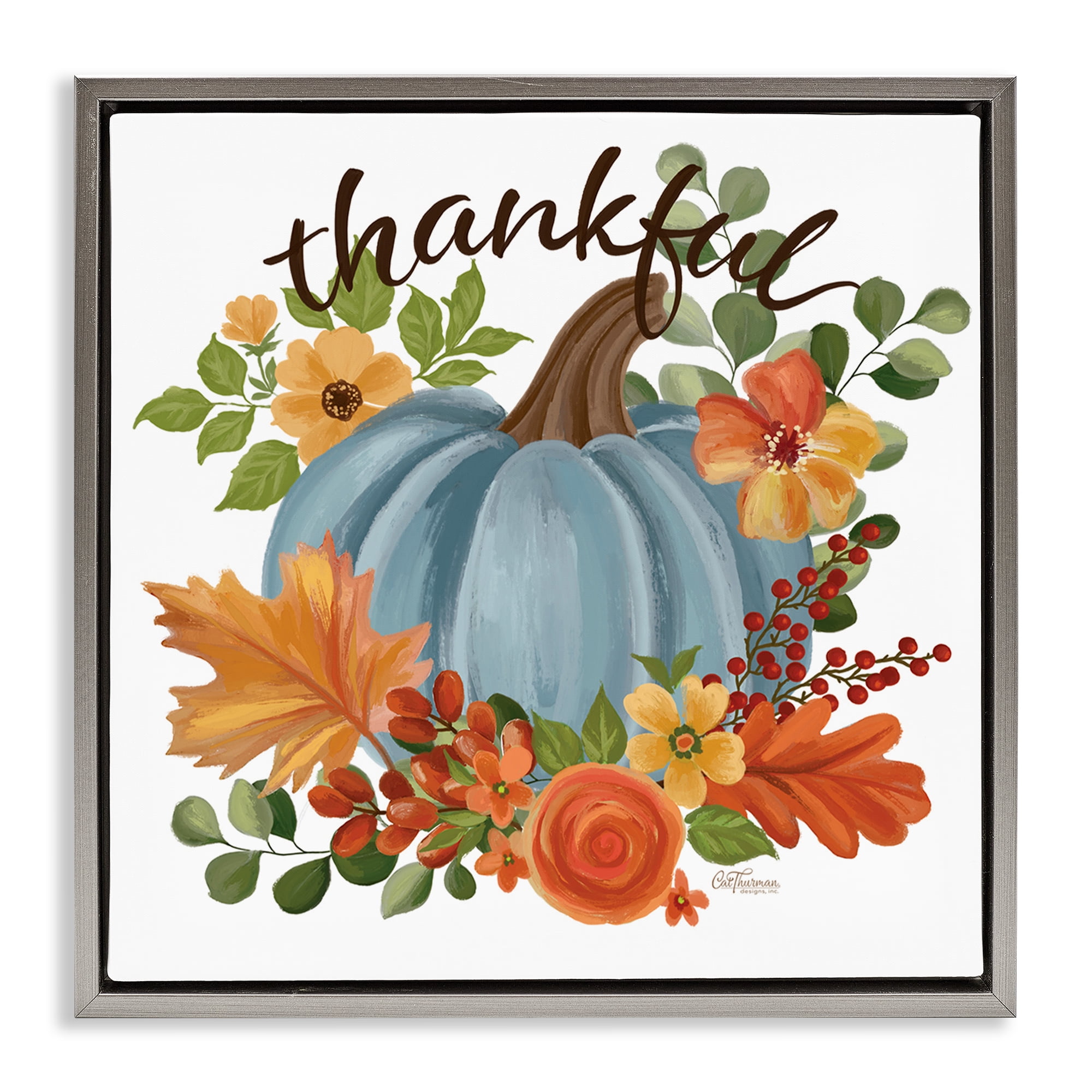 Stupell Industries Autumnal Thankful Pumpkin Holiday Painting Gray Floater Framed Art Print Wall Art, 25 x 25