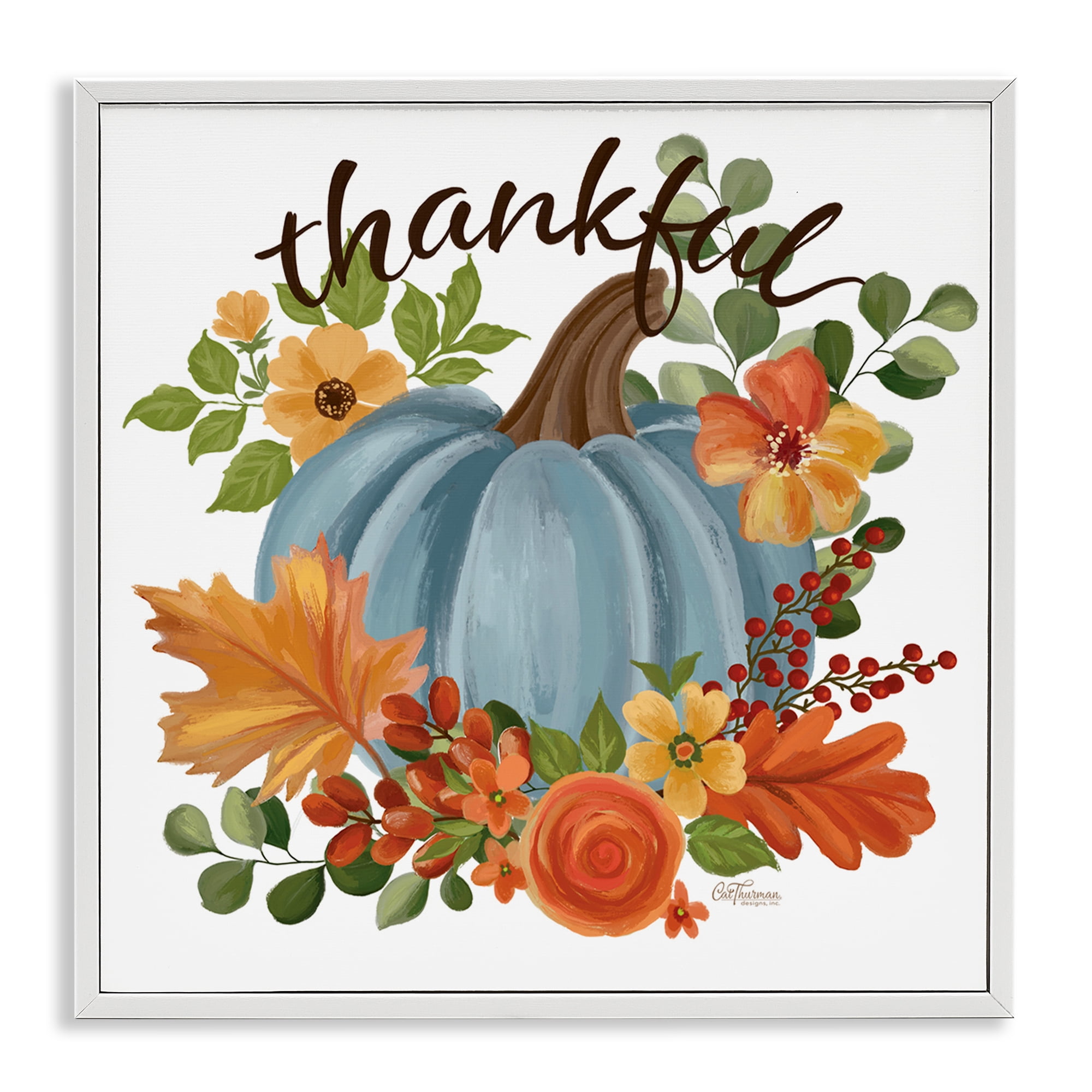 Stupell Industries Autumnal Thankful Pumpkin Holiday Painting White Framed Art Print Wall Art, 17 x 17