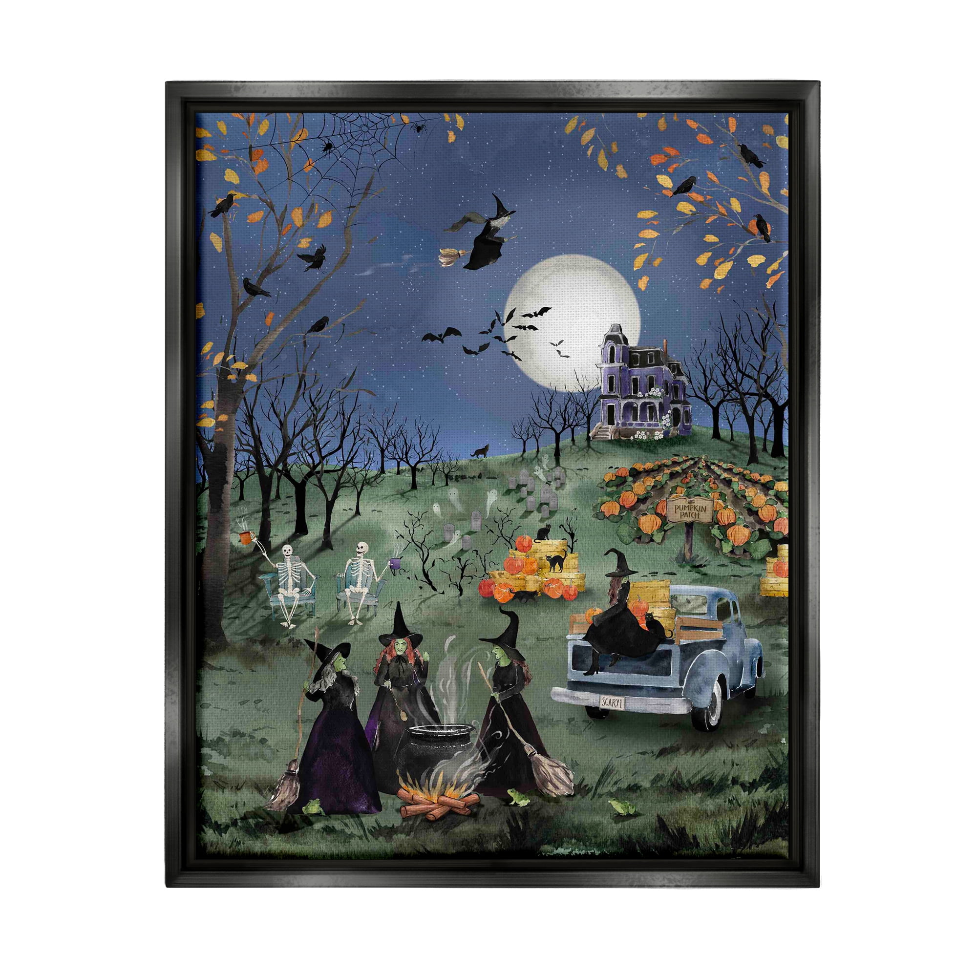 Stupell Industries Autumnal Witches Scene Holiday Painting Black Floater Framed Canvas Art Print Wall Art, 25 x 31
