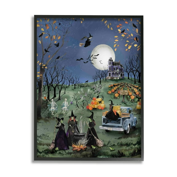 Stupell Industries Autumnal Witches Scene Holiday Painting Black Framed Art Print Wall Art, 11 x 14