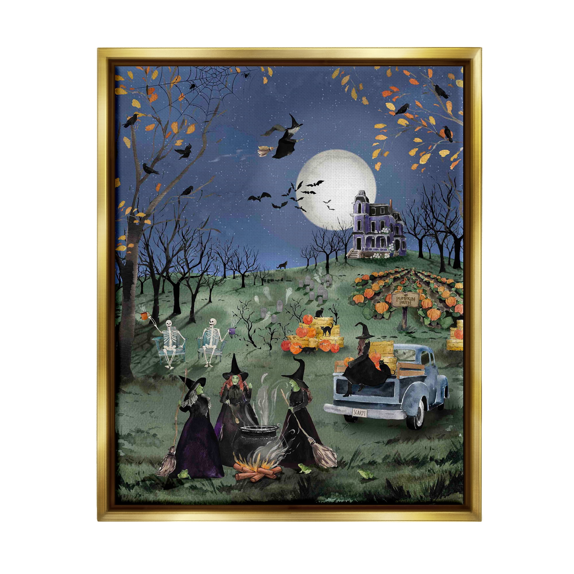 Stupell Industries Autumnal Witches Scene Holiday Painting Gold Floater Framed Canvas Art Print Wall Art, 25 x 31