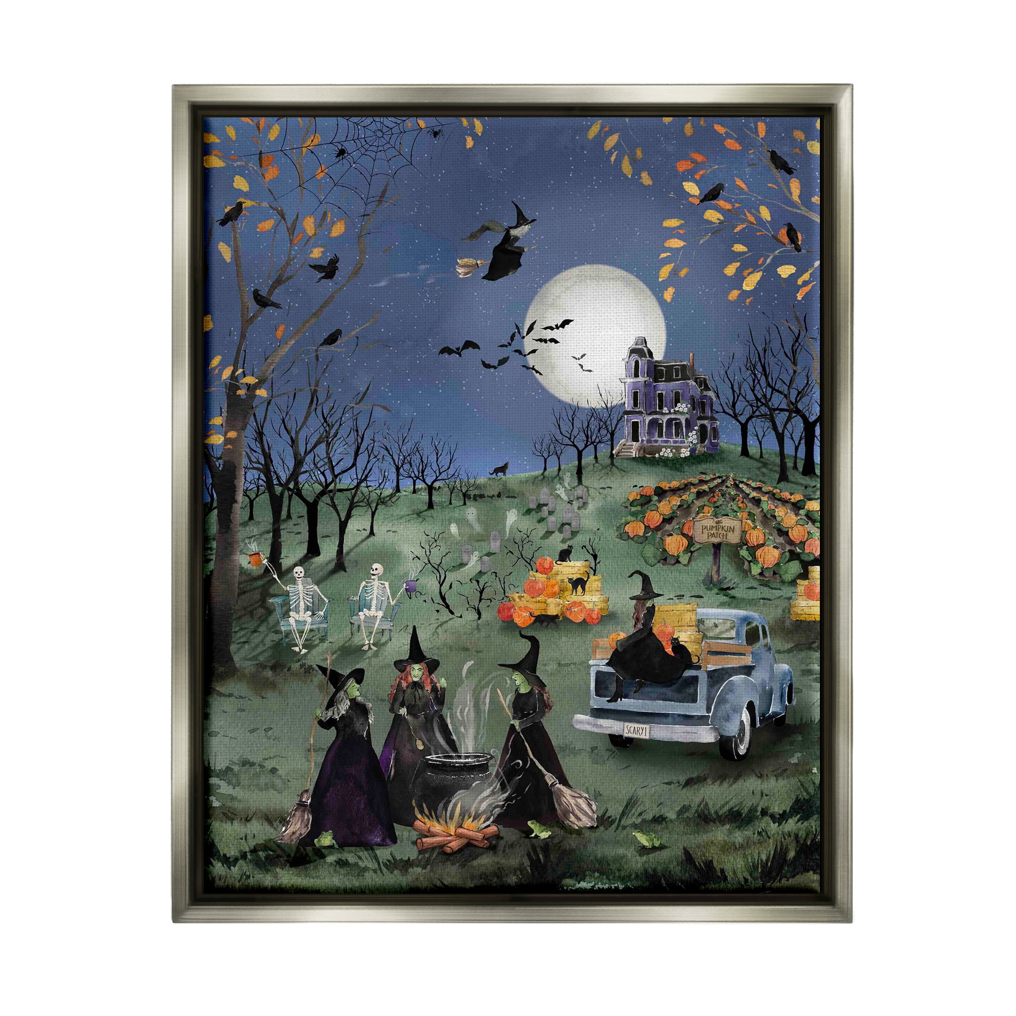 Stupell Industries Autumnal Witches Scene Holiday Painting Gray Floater Framed Canvas Art Print Wall Art, 17 x 21