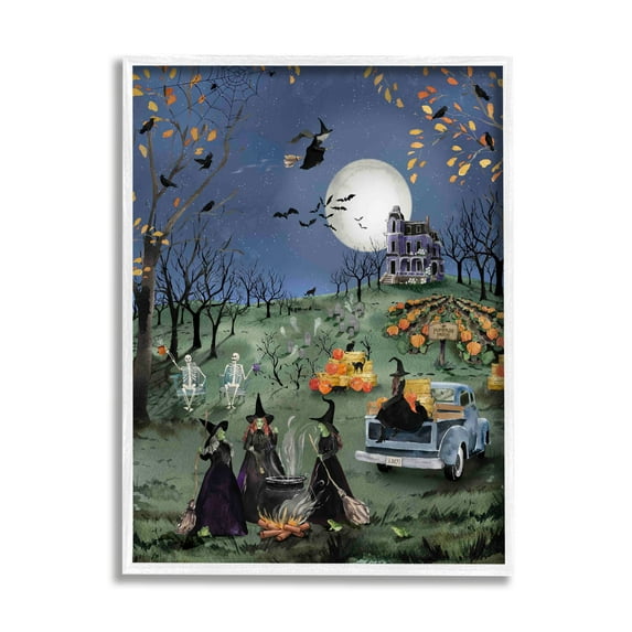 Stupell Industries Autumnal Witches Scene Holiday Painting White Framed Art Print Wall Art, 11 x 14