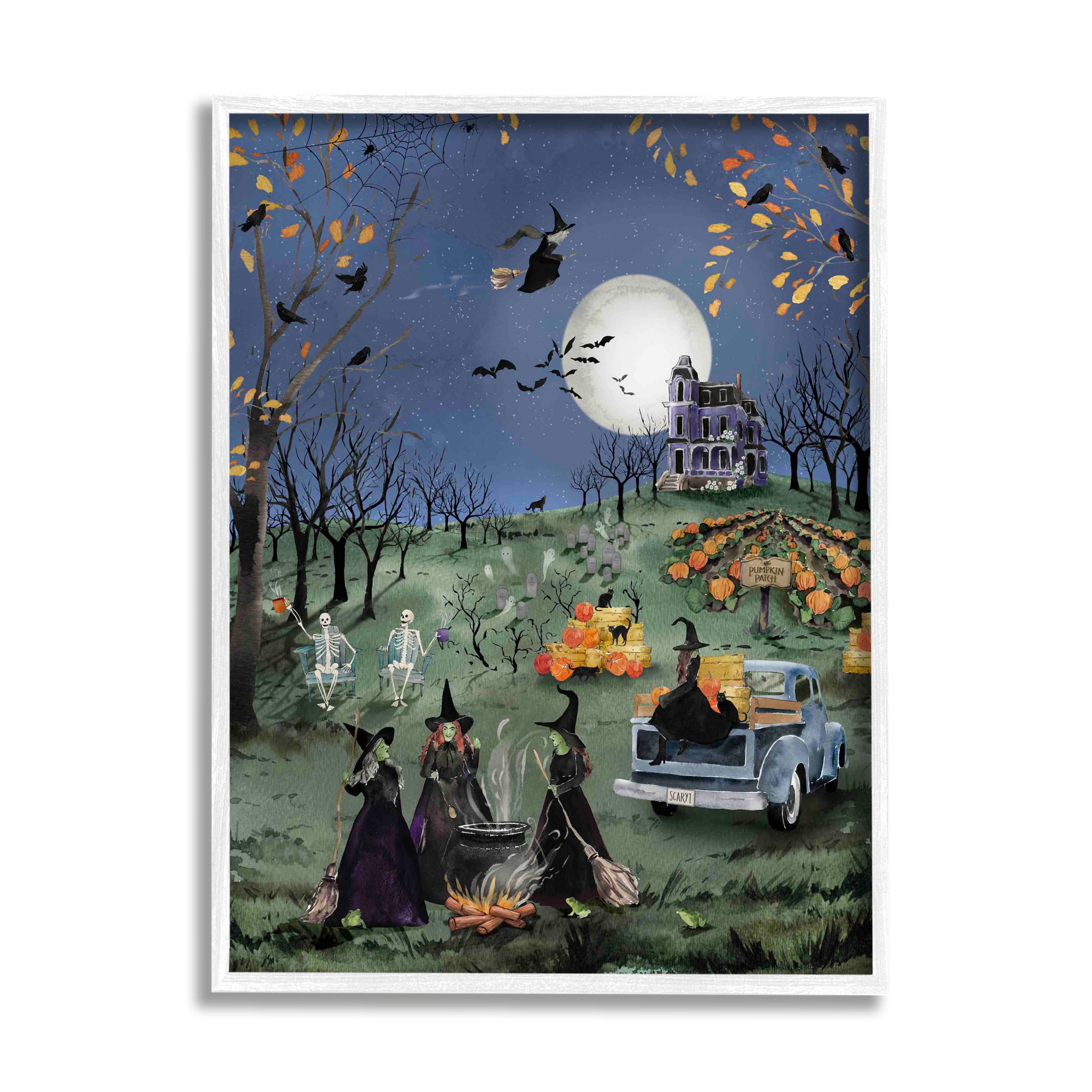 Stupell Industries Autumnal Witches Scene Holiday Painting White Framed Art Print Wall Art, 24 x 30
