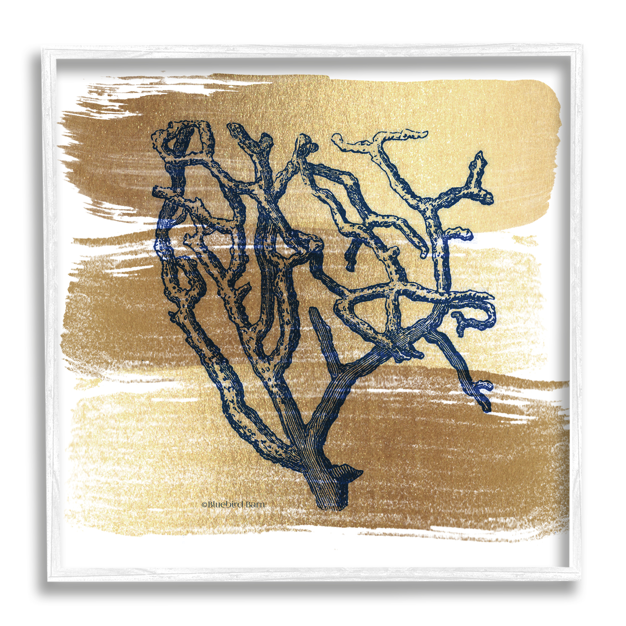 Stupell Industries Azure Blue Coral Golden Patterned Background Sea Plant,12 x 12, Design by Bluebird Barn