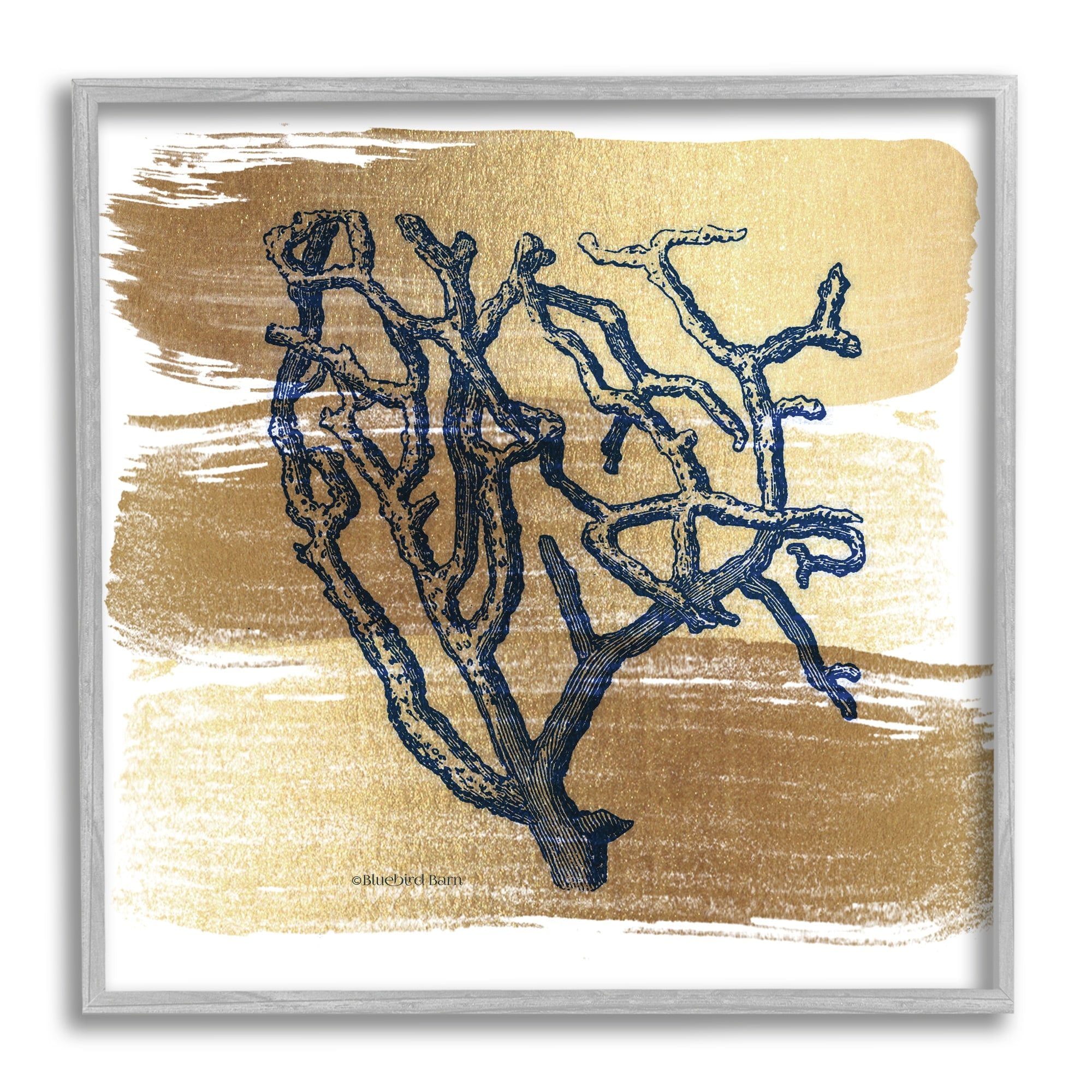 Stupell Industries Azure Blue Coral Golden Patterned Background Sea Plant,17 x 17, Design by Bluebird Barn