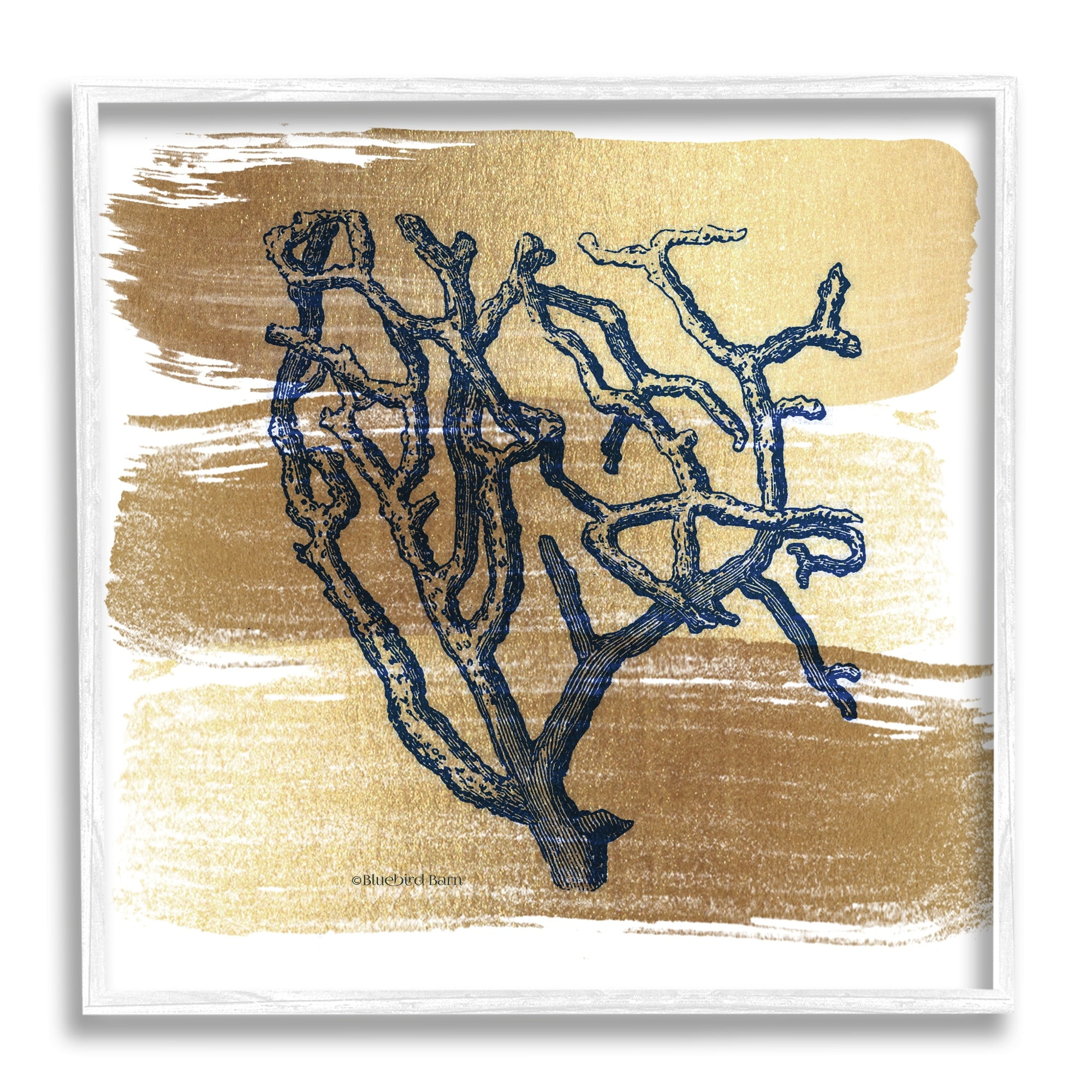 Stupell Industries Azure Blue Coral Golden Patterned Background Sea Plant,17 x 17, Design by Bluebird Barn