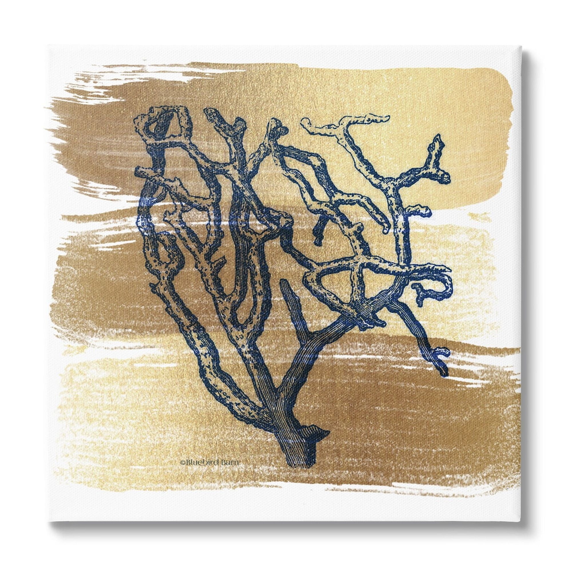 Stupell Industries Azure Blue Coral Golden Patterned Background Sea Plant,24 x 24, Design by Bluebird Barn