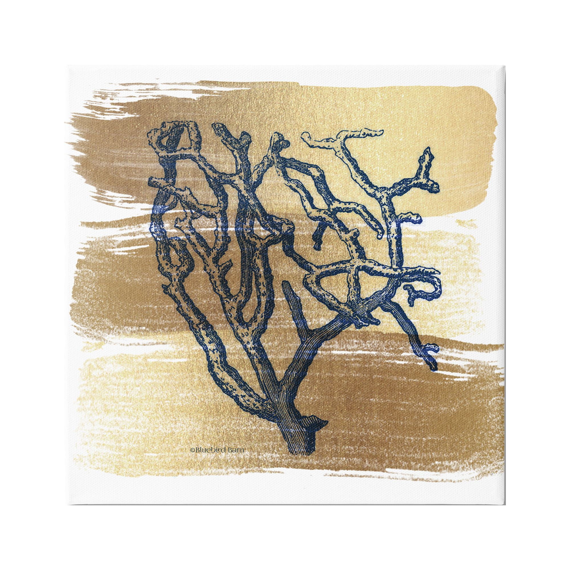 Stupell Industries Azure Blue Coral Golden Patterned Background Sea Plant,36 x 36, Design by Bluebird Barn