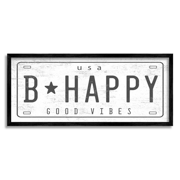 Stupell Industries B Happy Motivational Phrase Good Vibes License Plate Novelty Painting Black Framed Art Print Wall Art, 13 x 30, Design by Daphne Polselli