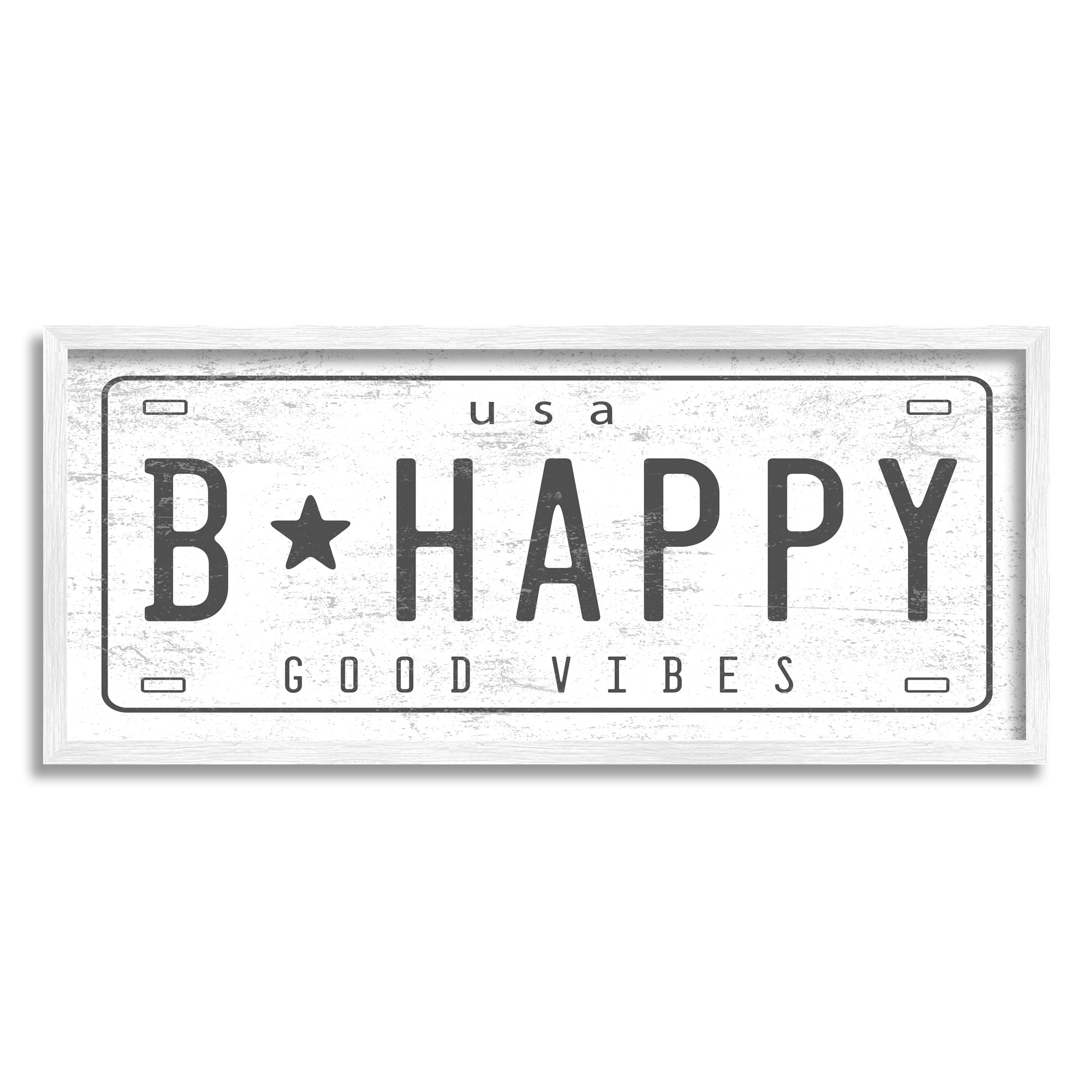 Stupell Industries B Happy Motivational Phrase Good Vibes License Plate Novelty Painting White Framed Art Print Wall Art, 10 x 24, Design by Daphne Polselli